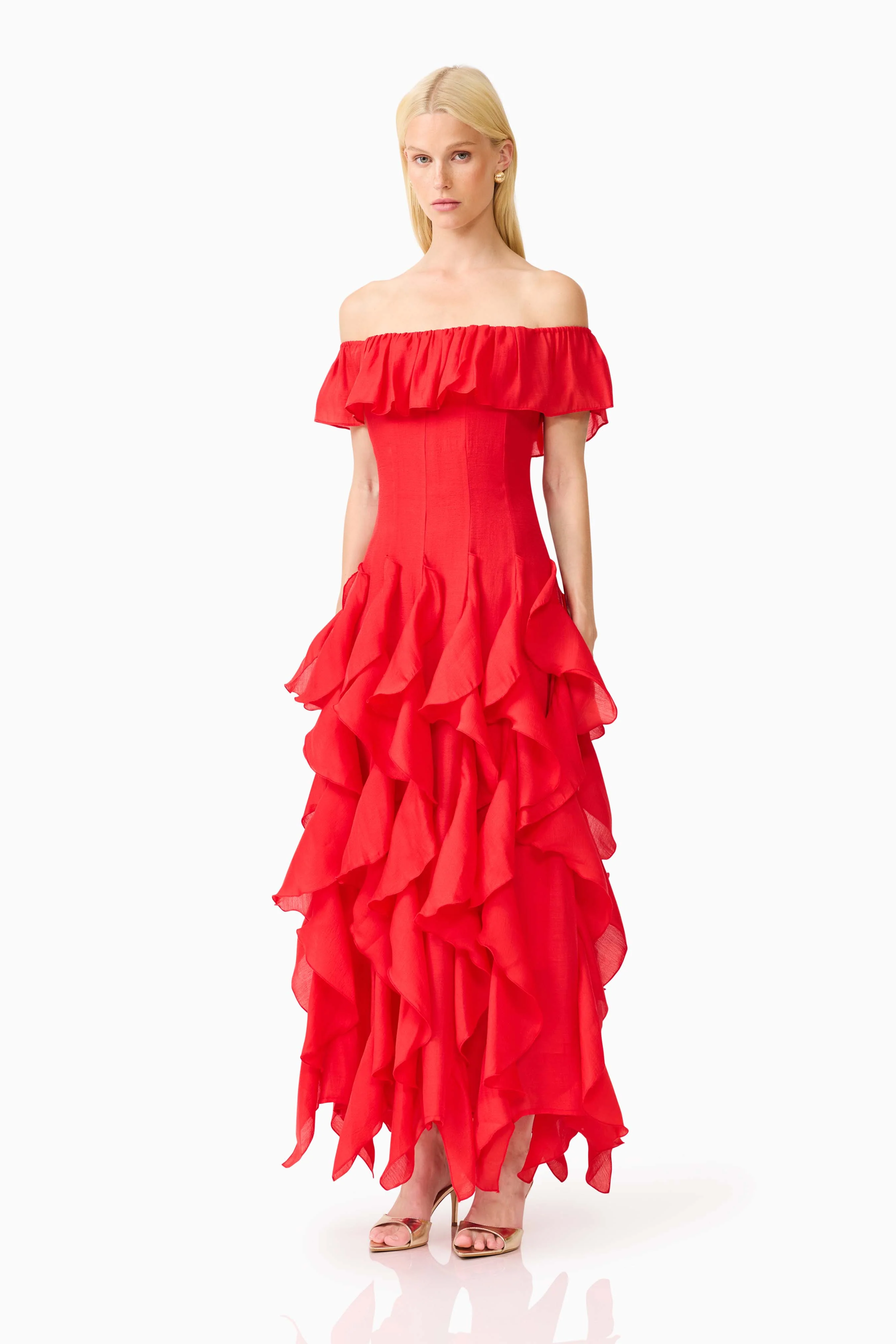 Yvette Off Shoulder Gown in Vermilion Red