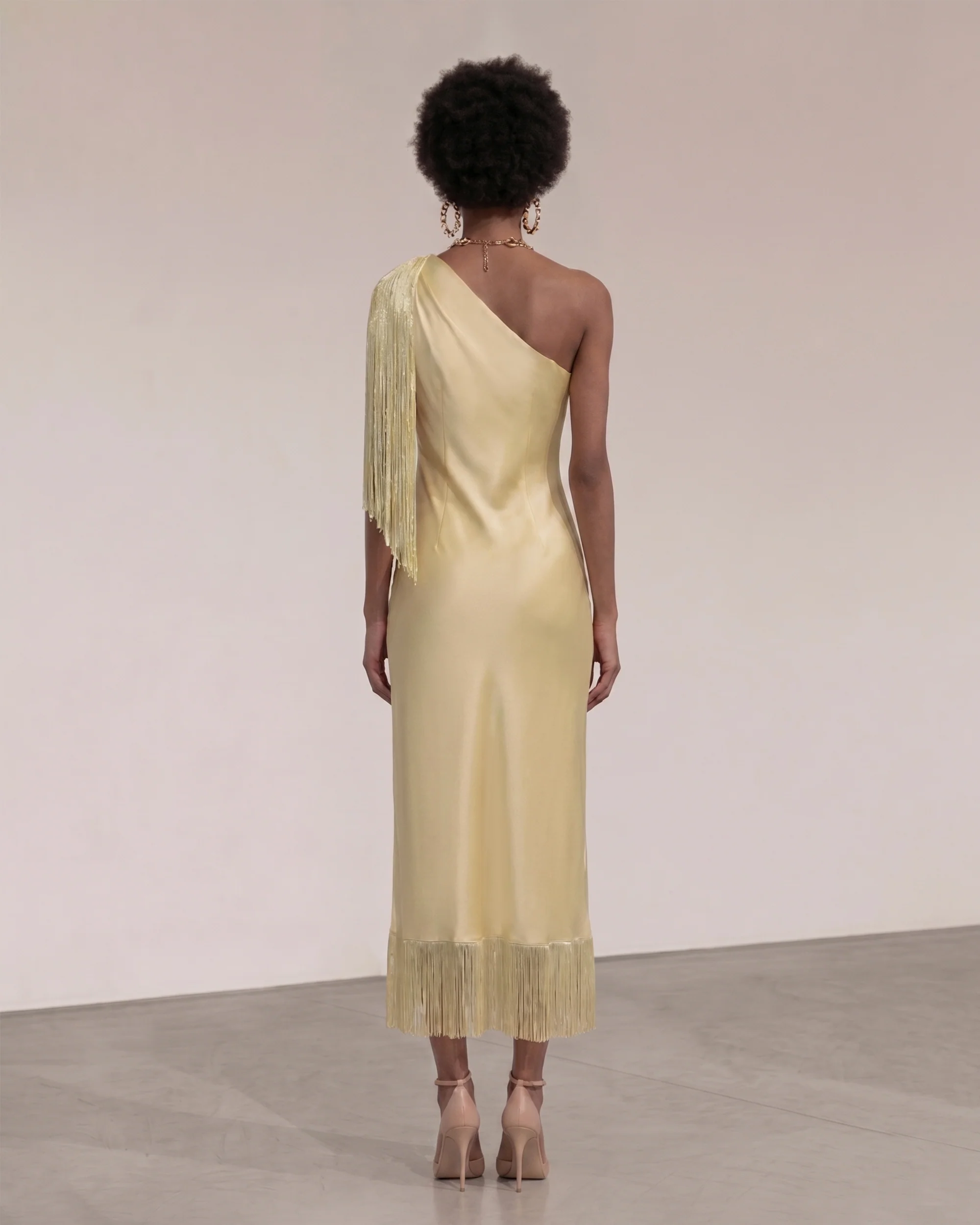 One Shoulder Fringe Midi Dress - Champagne - FASHION NOB