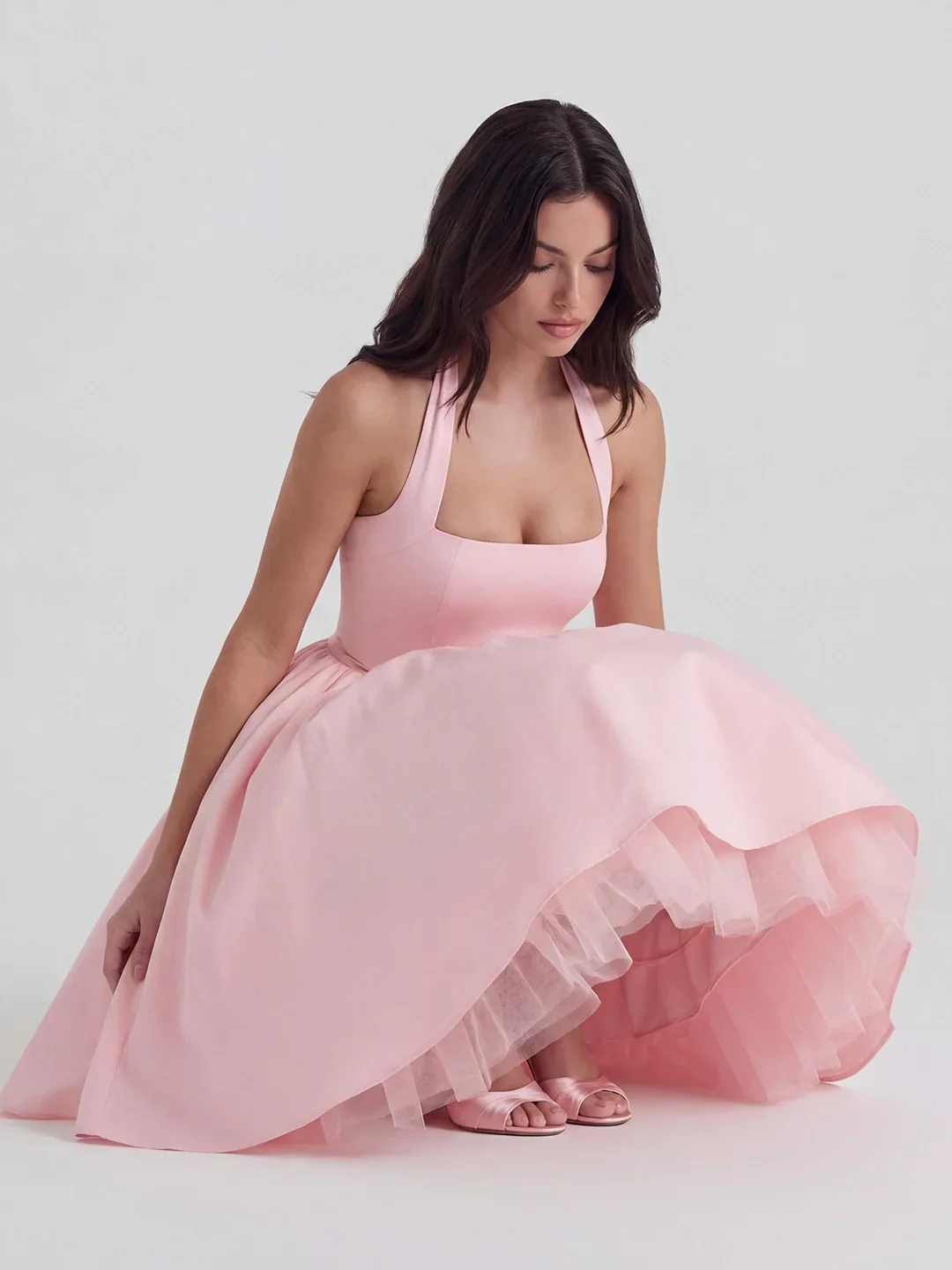 Lace-Up Halter Midi with Exposed Tulle Hem
