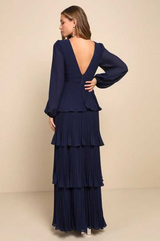Graceful Finesse Navy Blue Pleated Long Sleeve Maxi Dress