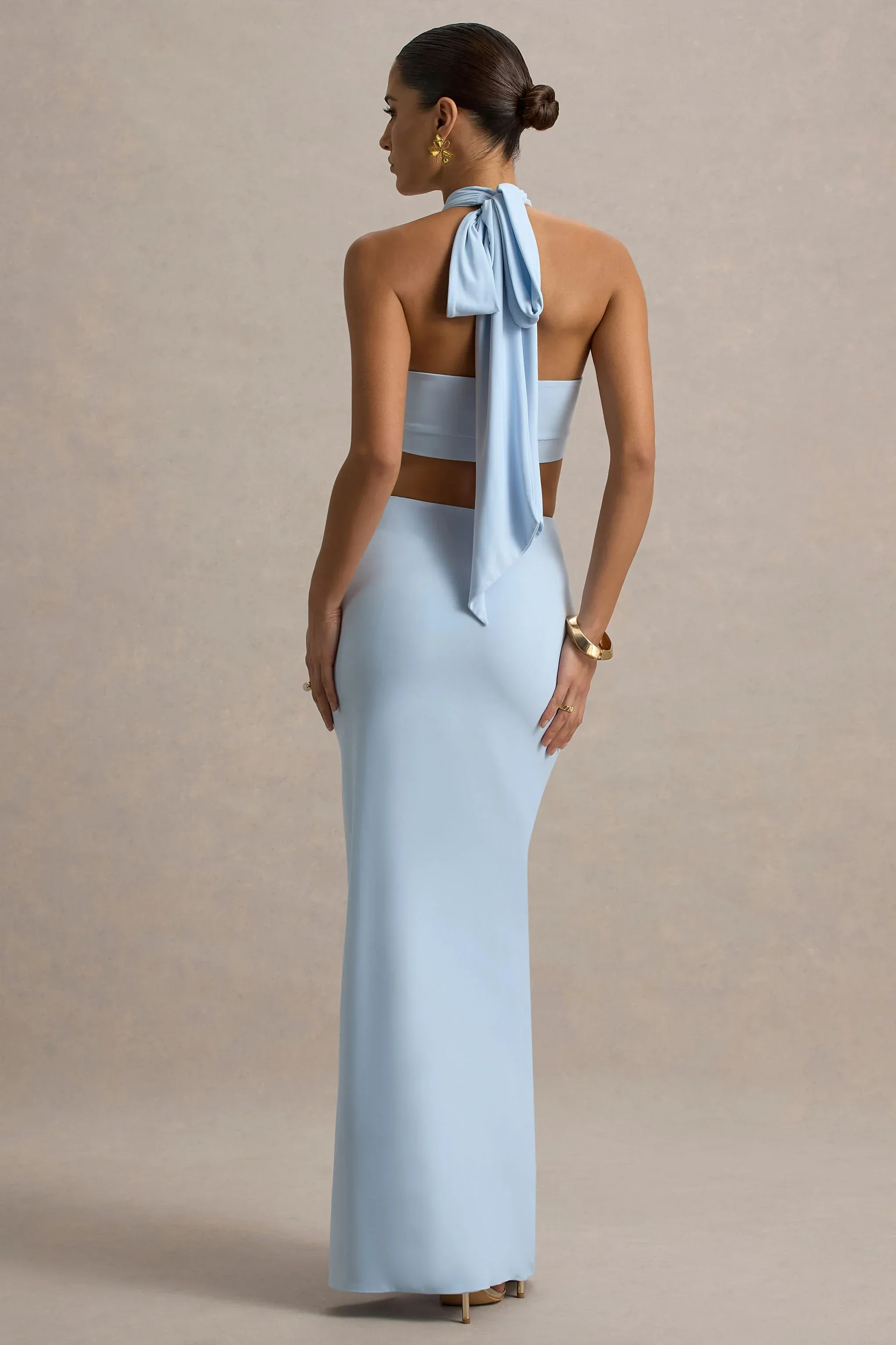 Aura | Powder Blue Halter-Neck Cut-Out Split Maxi Dress