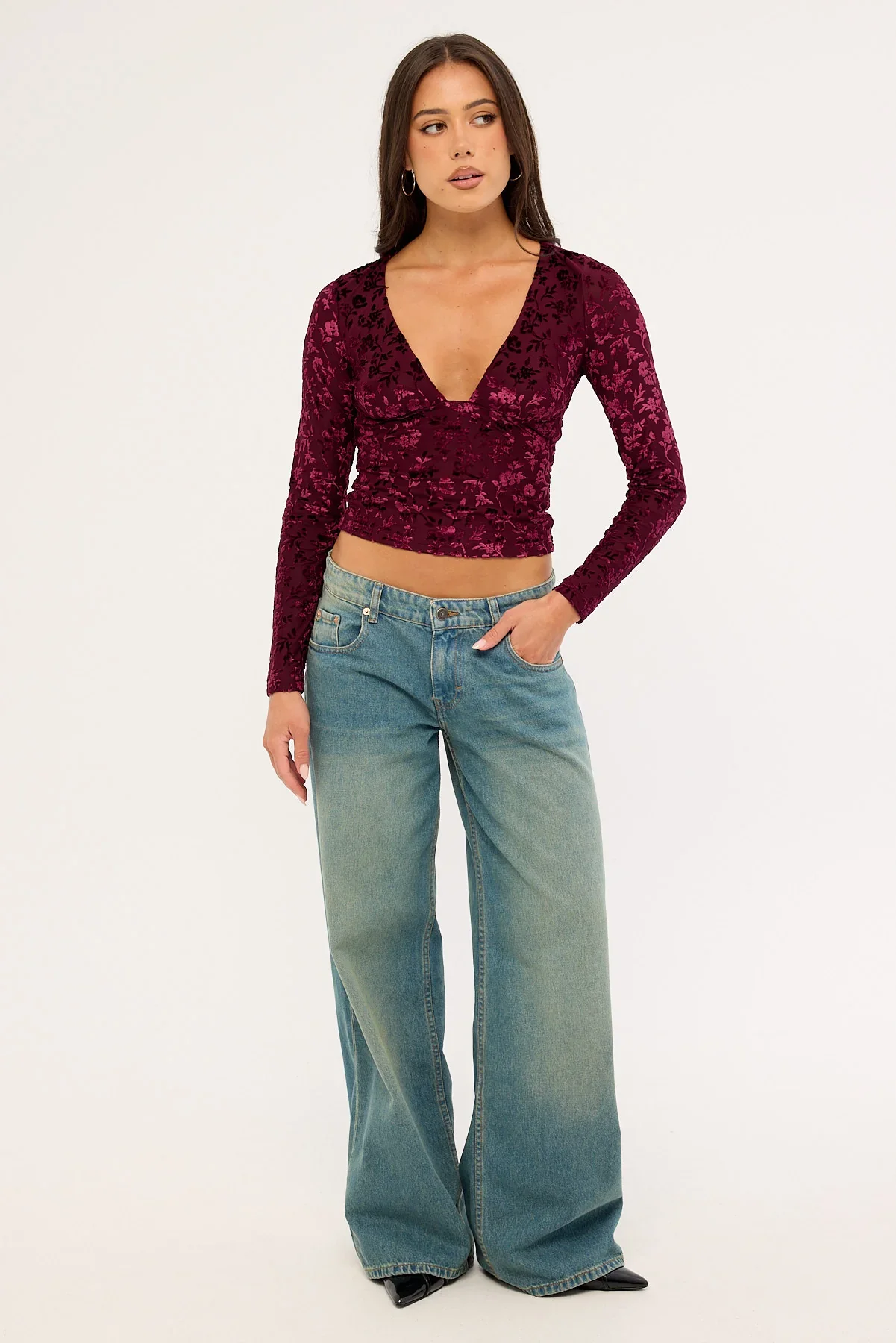 Luck & Trouble Bridie Flocked Long Sleeve V Neck Top Burgundy
