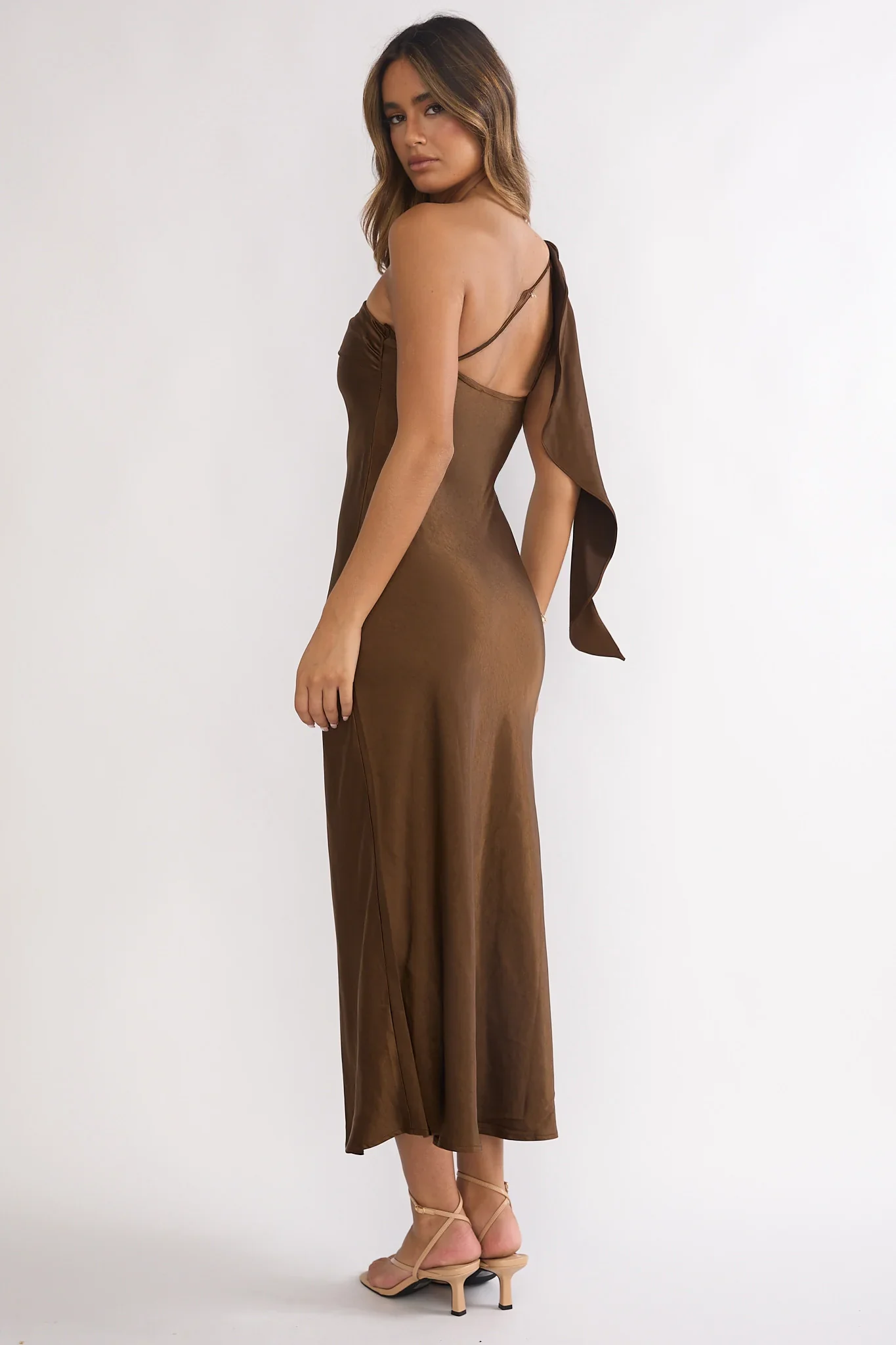Carmel One-Shoulder Sash Maxi Dress Chocolate