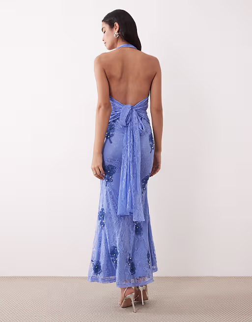 embroidered lace halterneck maxi dress with tie back in blue