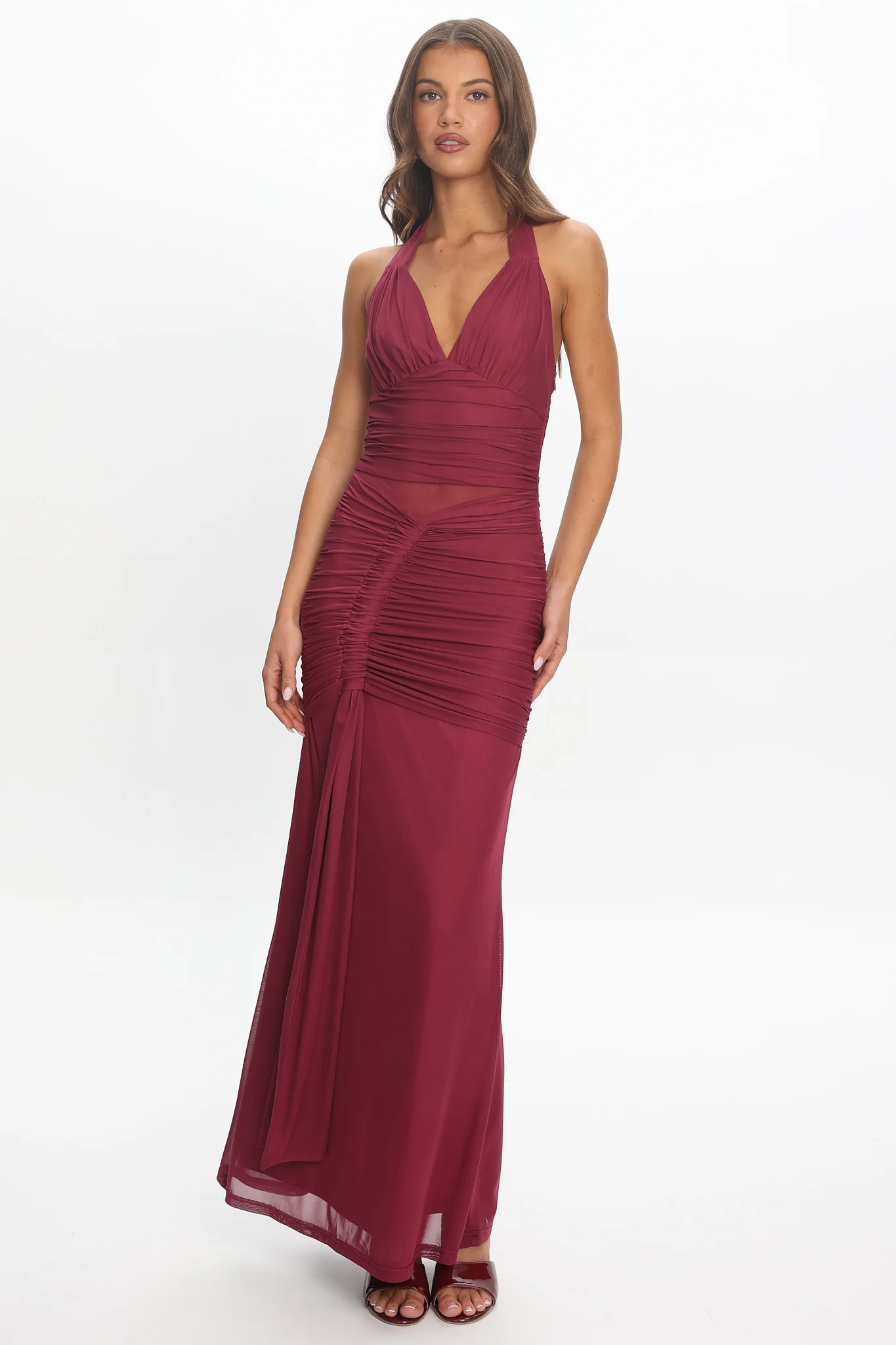 Luli Ruched Halterneck Maxi Dress Burgundy - luluinthesky