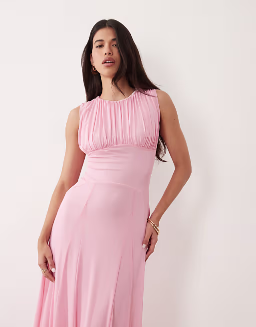 mesh gathered detail maxi dress in baby pink