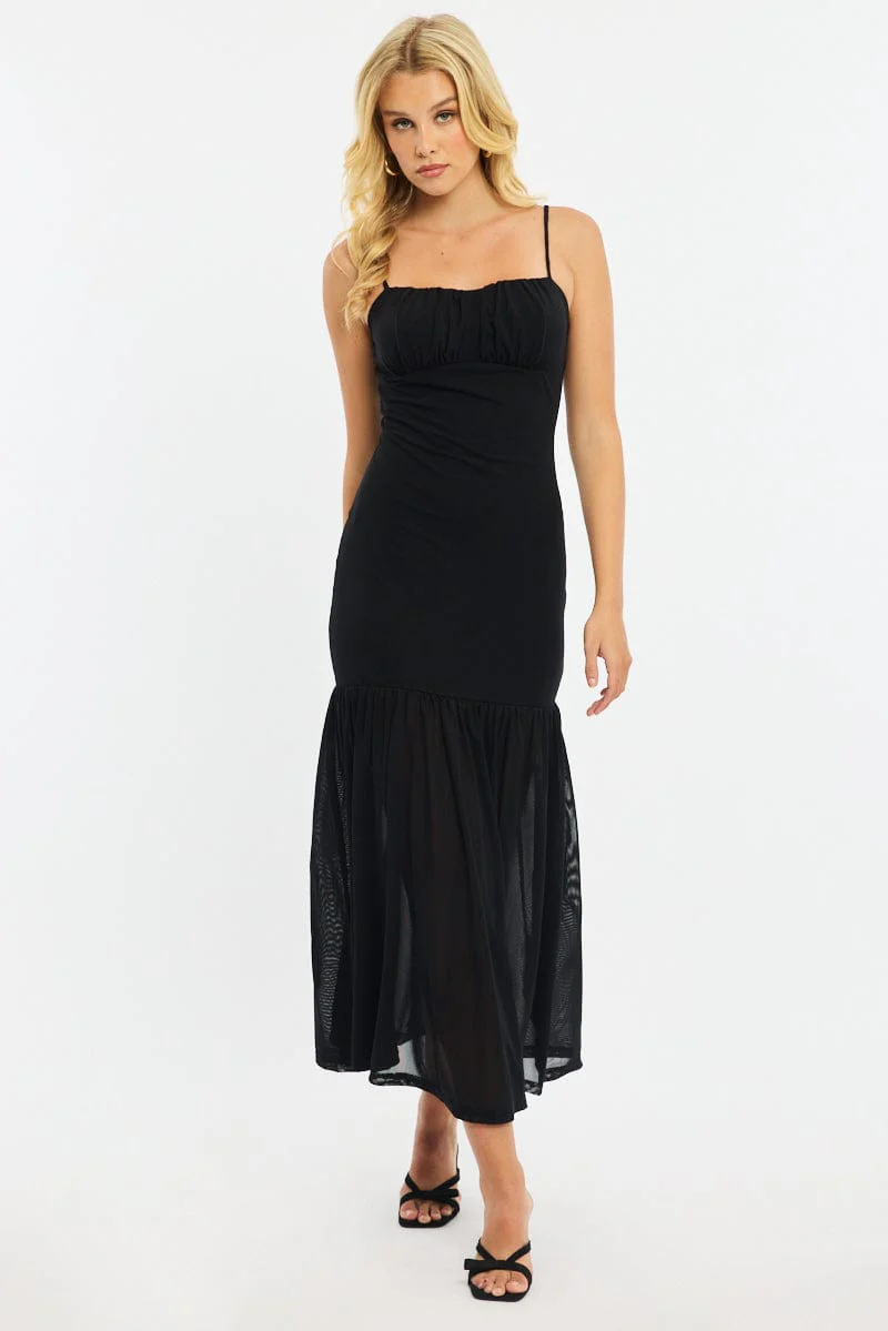 Black Maxi Dress Gathered Bust Mesh