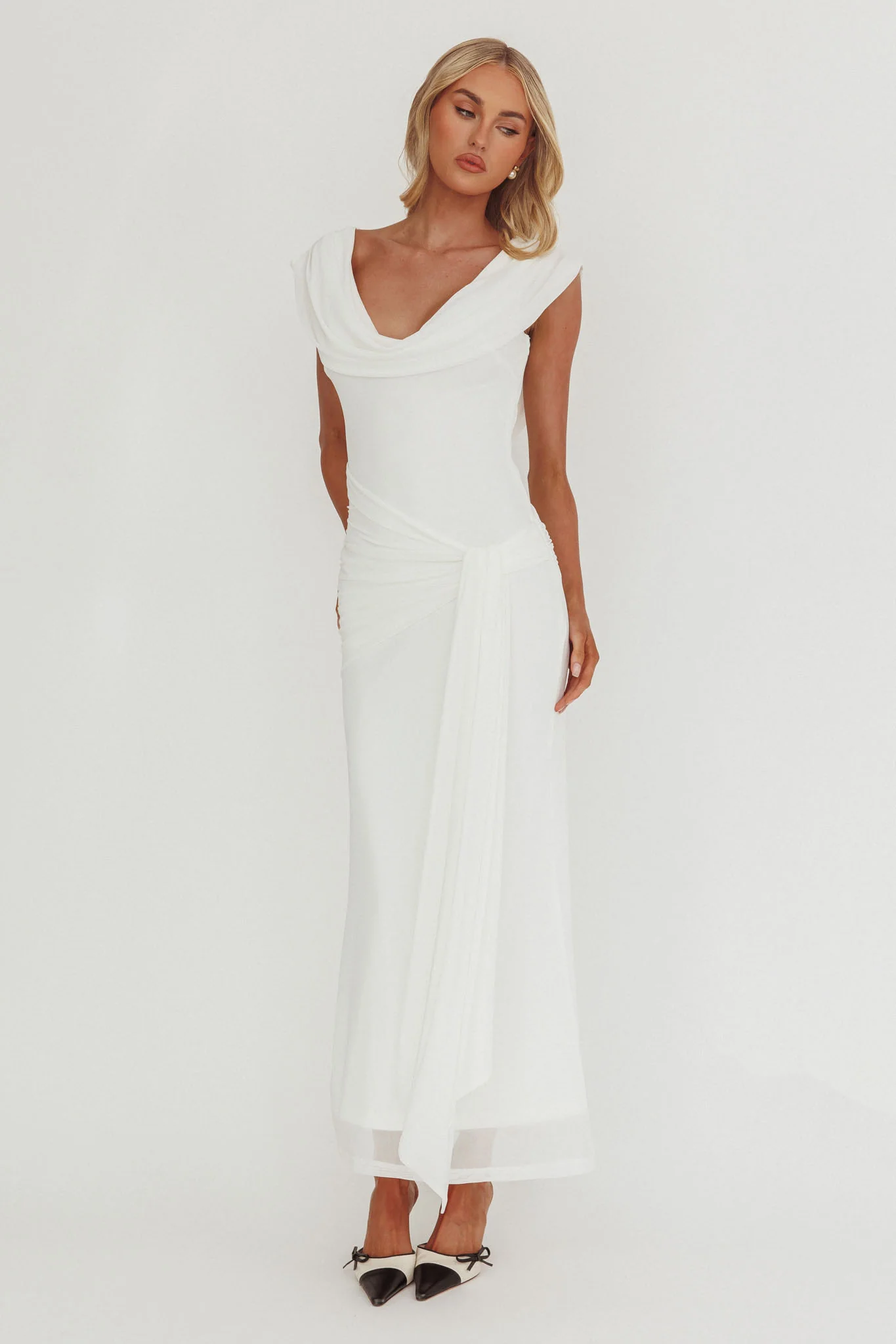Virgo Season Draped Shoulder Maxi Dress White