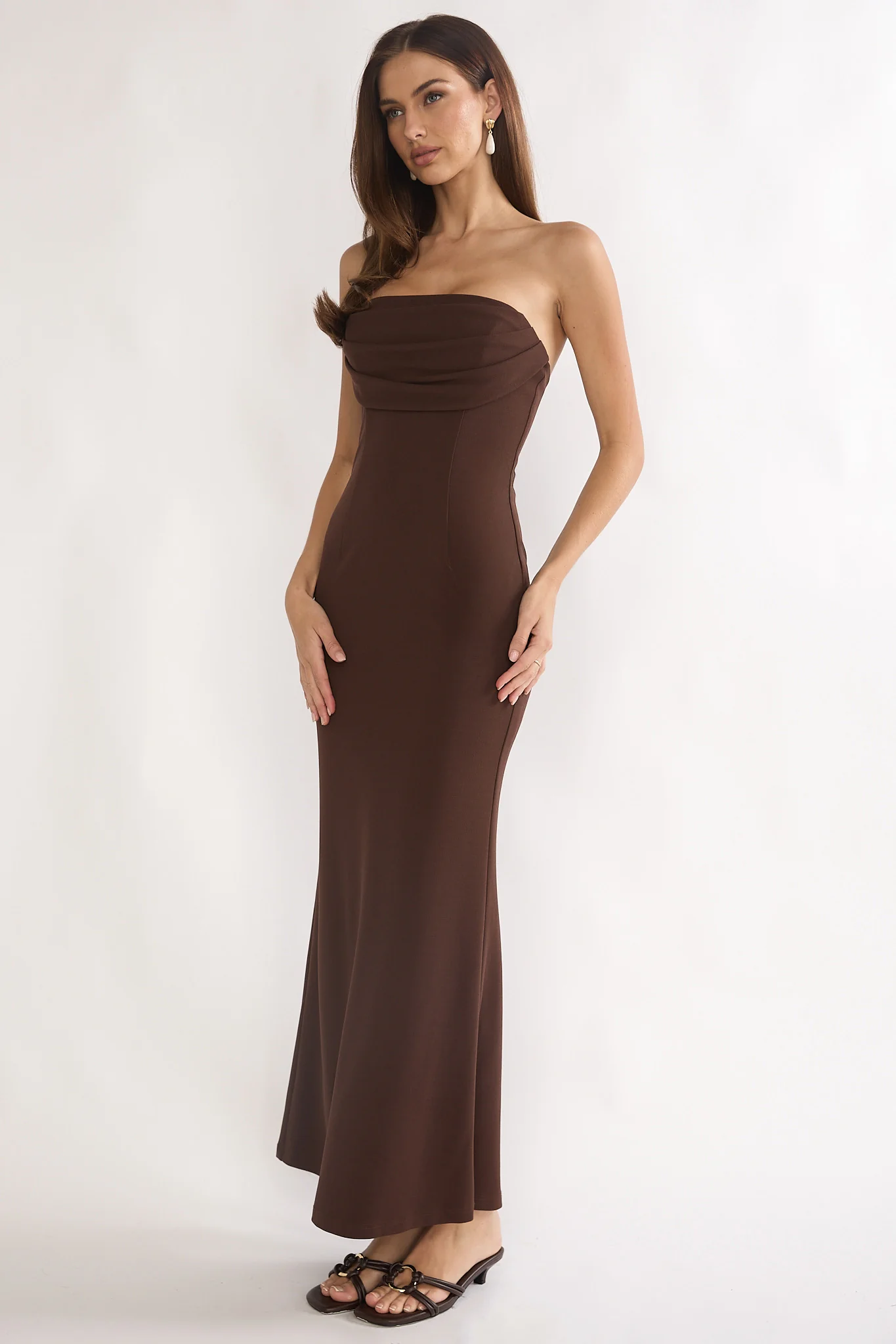 Well Versed Strapless Pleat Bust Maxi Dress Chocolate