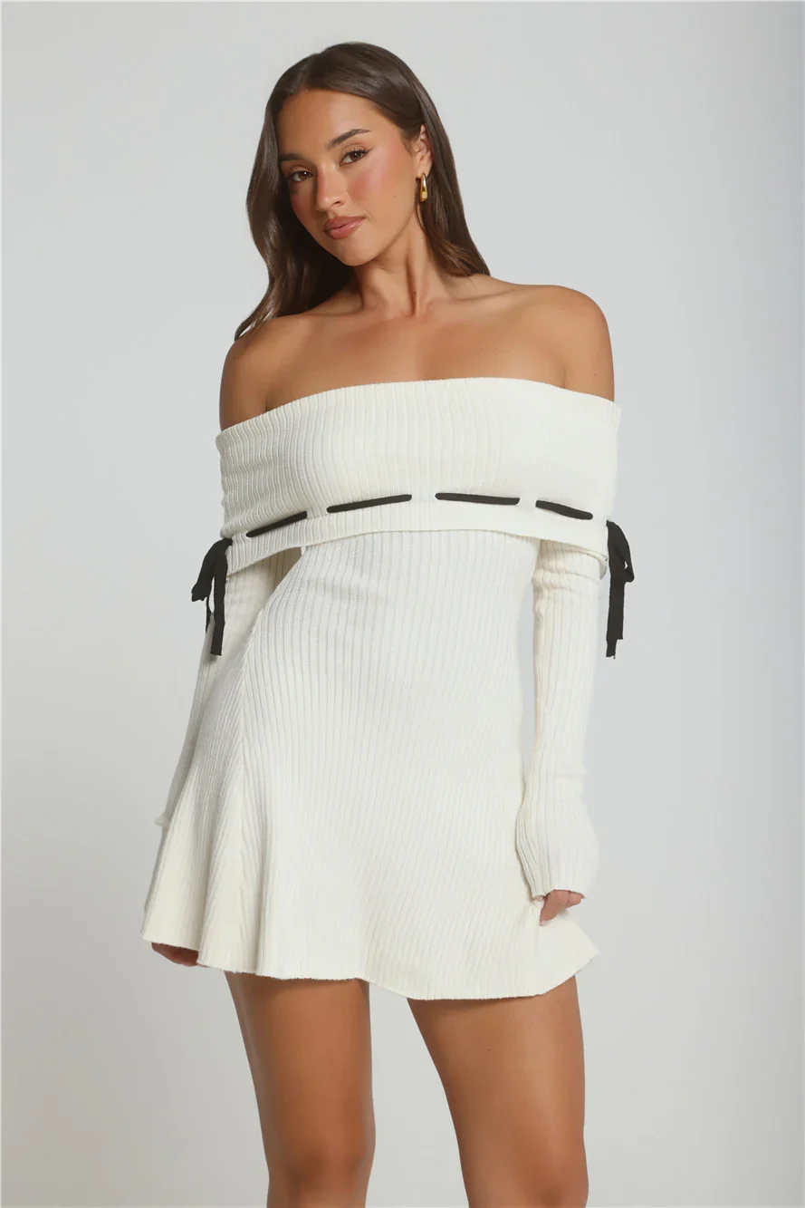 Winter Spice Off Shoulder Knit Mini Dress Cream