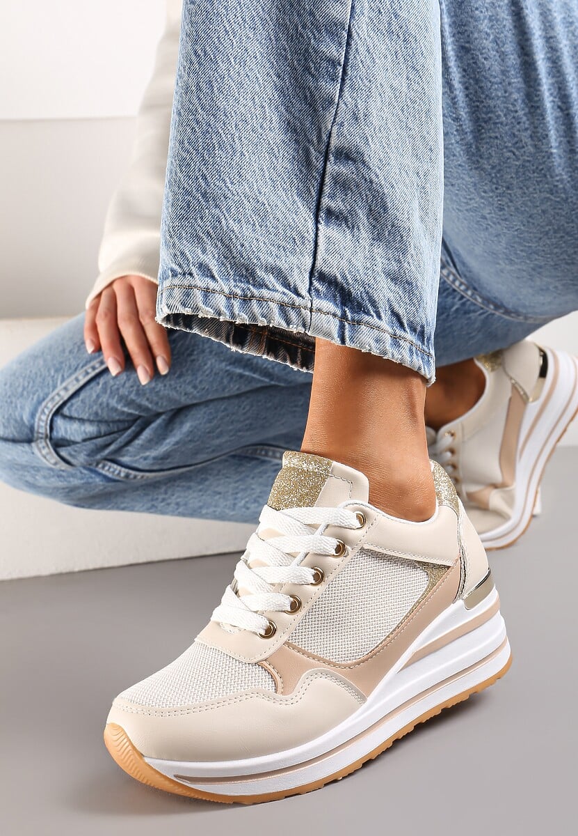 Białe Sneakersy na Niskiej Platformie ze Wstawkami Brokatowymi Gwenoa