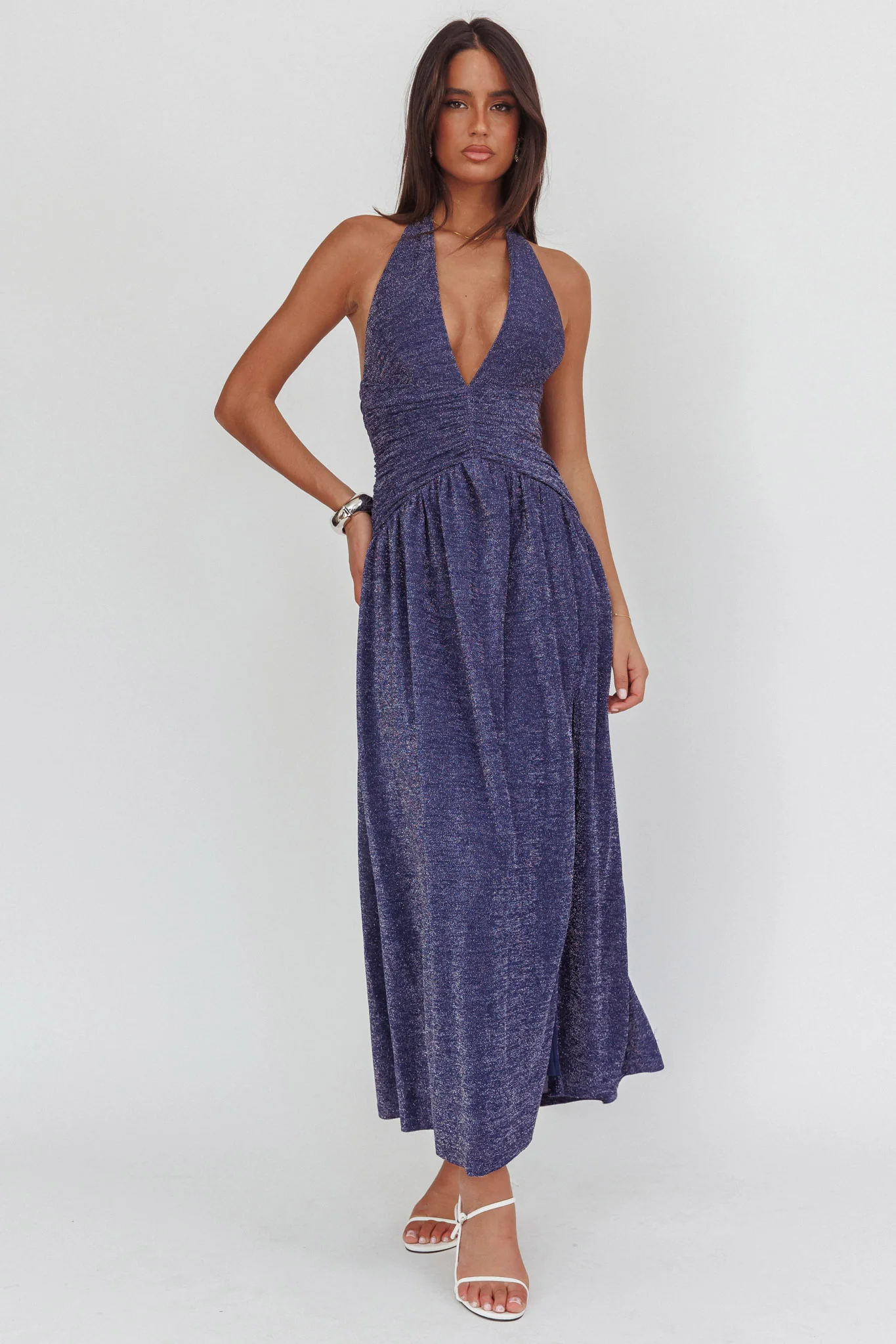 Italia Azure Gathered Waist Maxi Dress Shimmer Navy