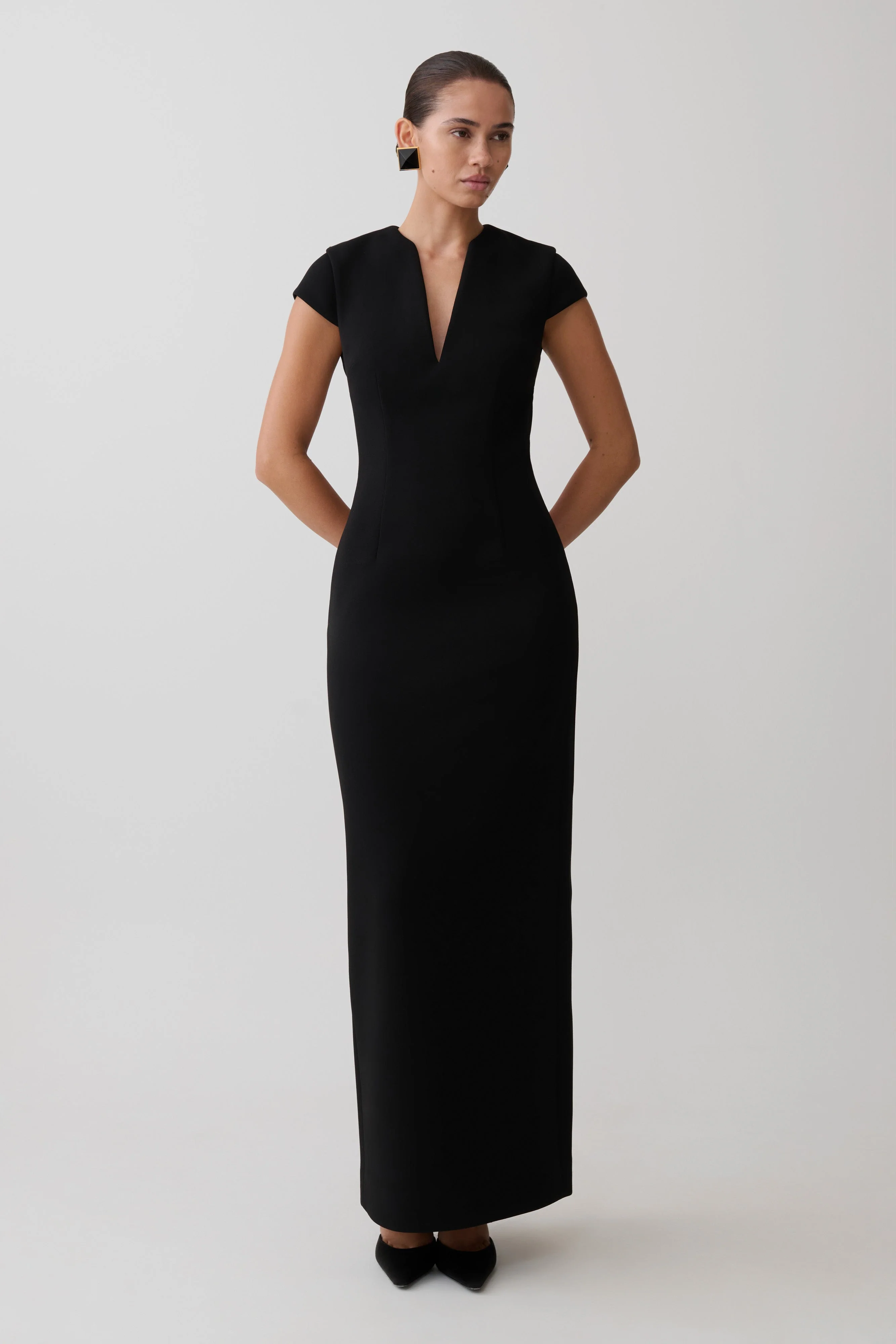 Briella V Neck Suiting Maxi Dress - Black