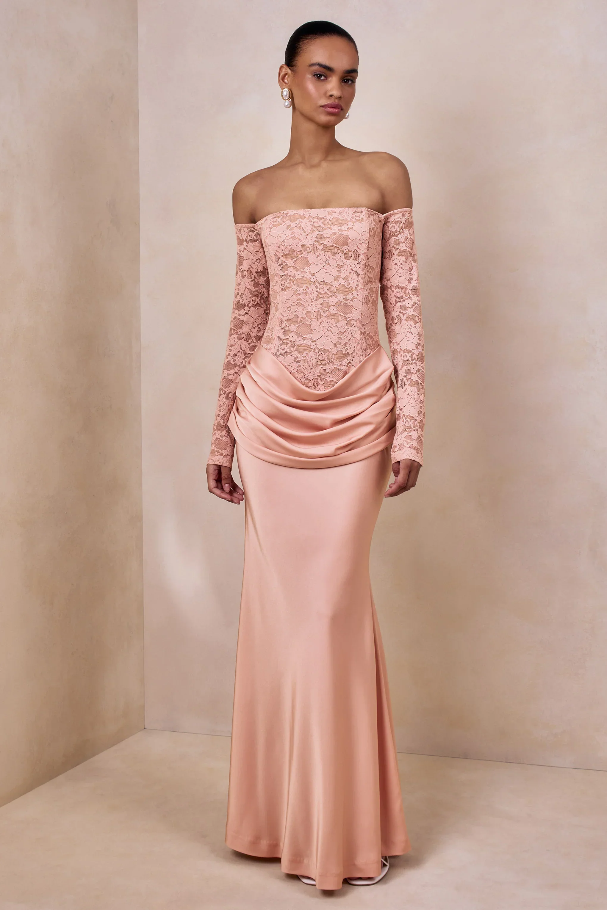 Rinna | Pink Lace And Satin Bardot-Neck Maxi Dress