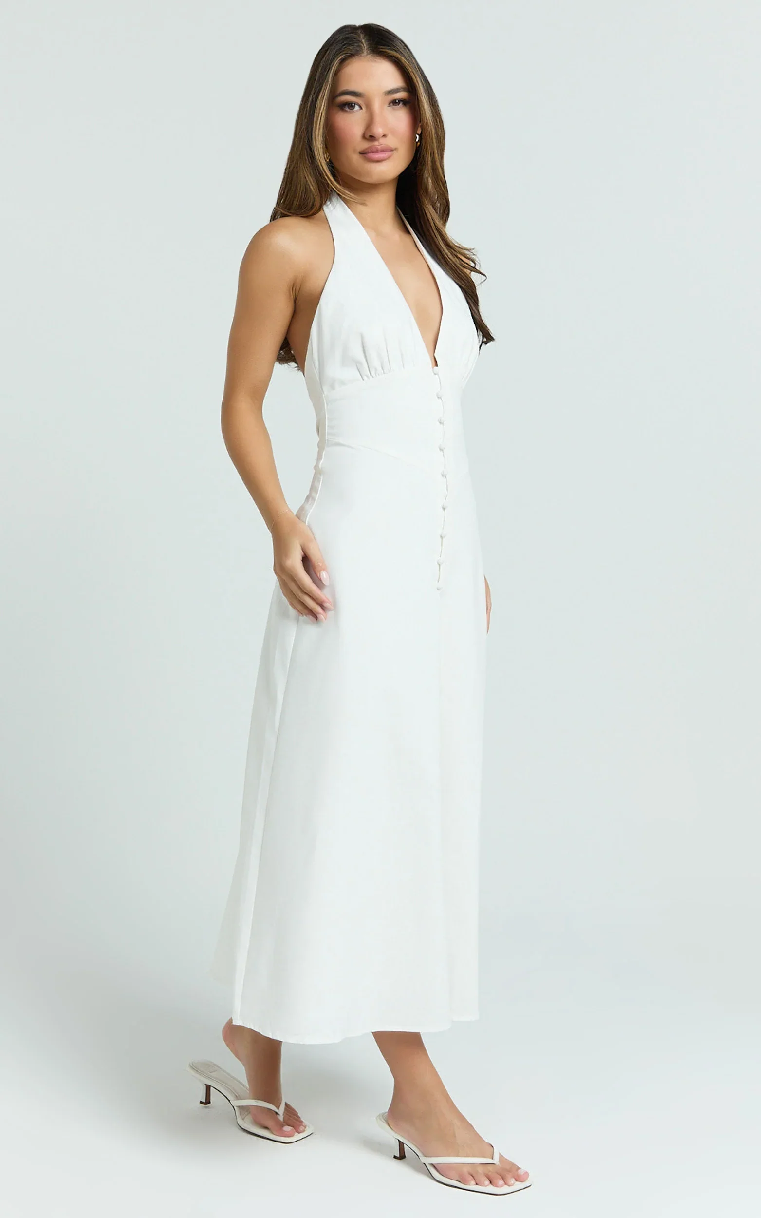 Beata Midi Dress - Plunge Halter A Line Dress in White