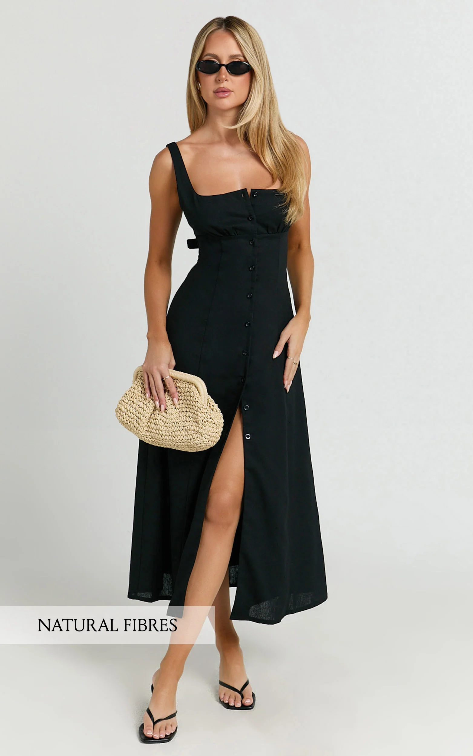 Cameron Midi Dress - Button Front Tie Back Dress in Black