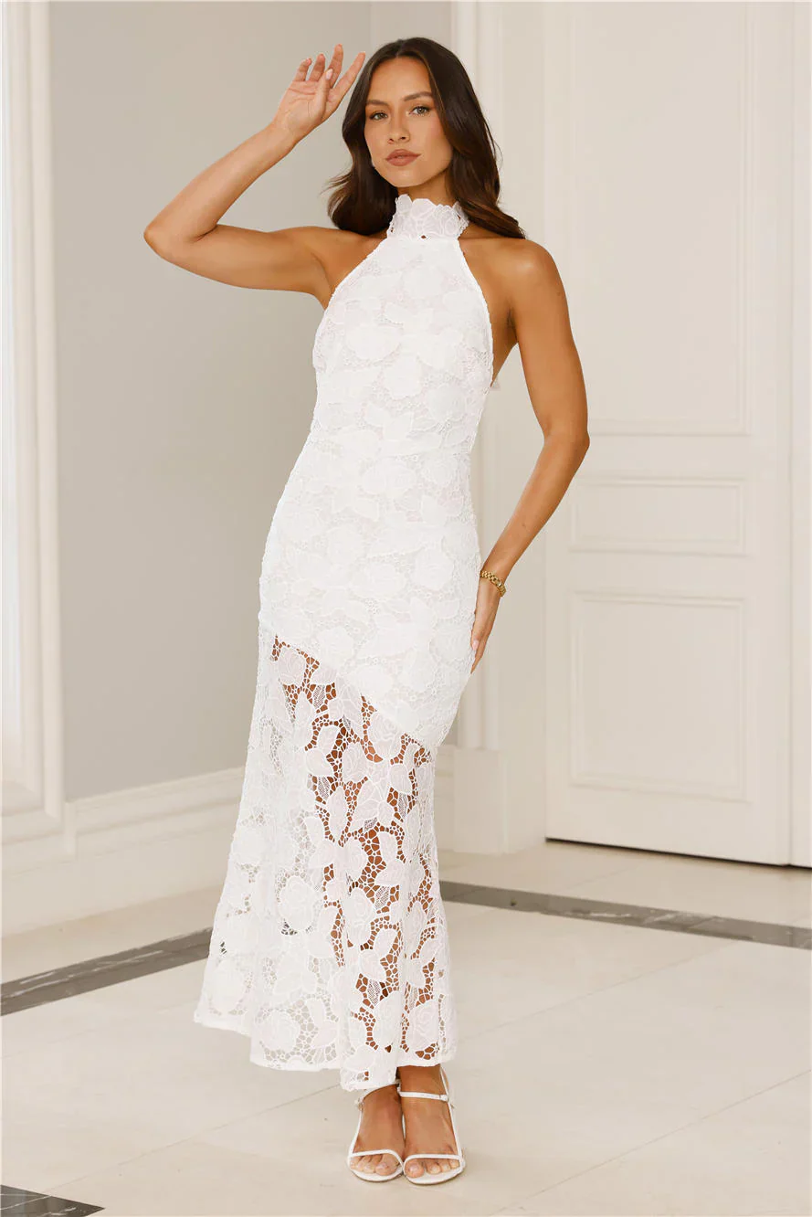 Soft Opulence Embroidered Halter Maxi Dress White
