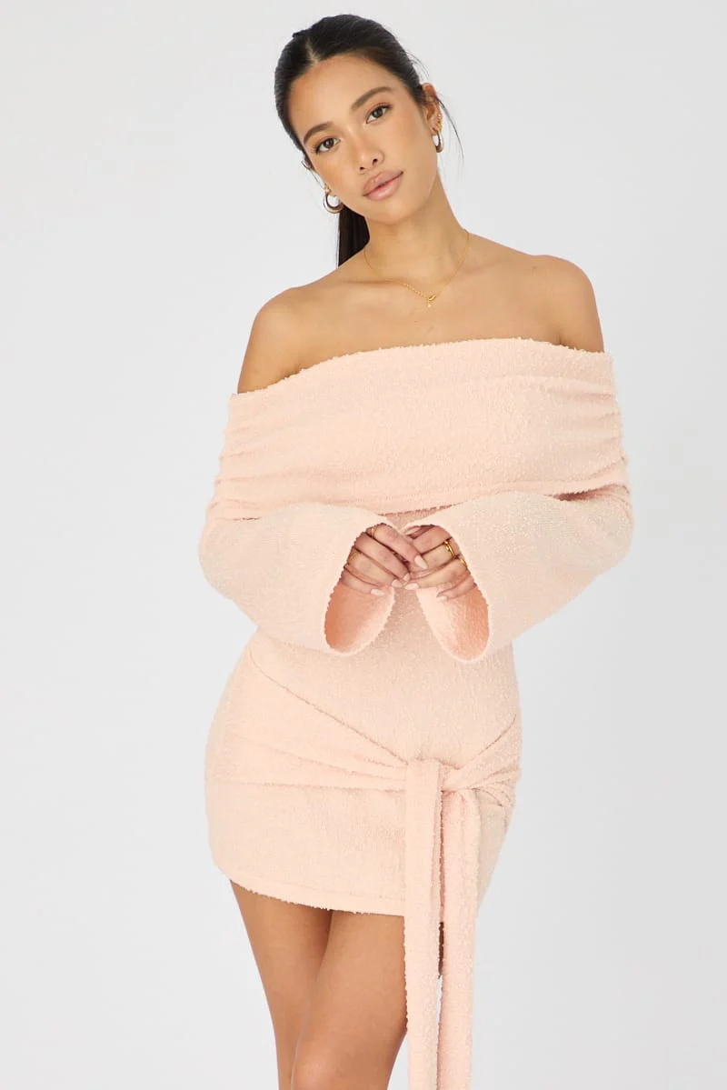Orange Knitted Off Shoulder Tie Waist Mini Dress