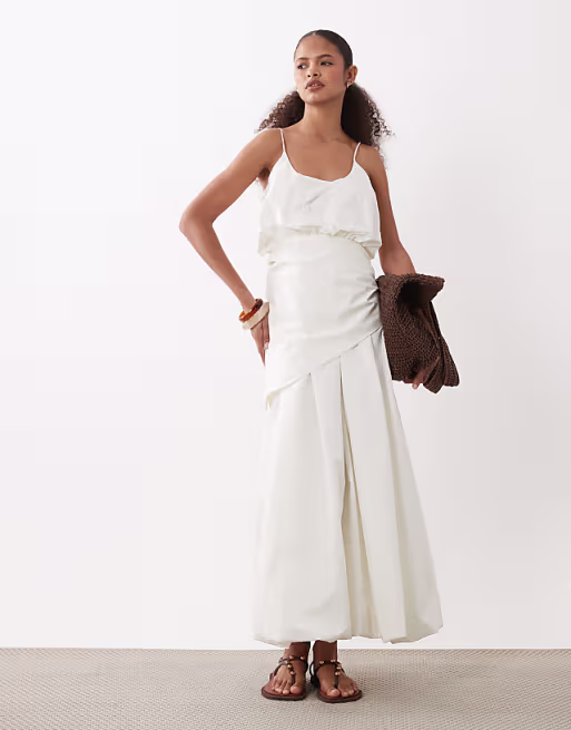 cami scoop ruched bubble hem scarf detail midi dress in stone