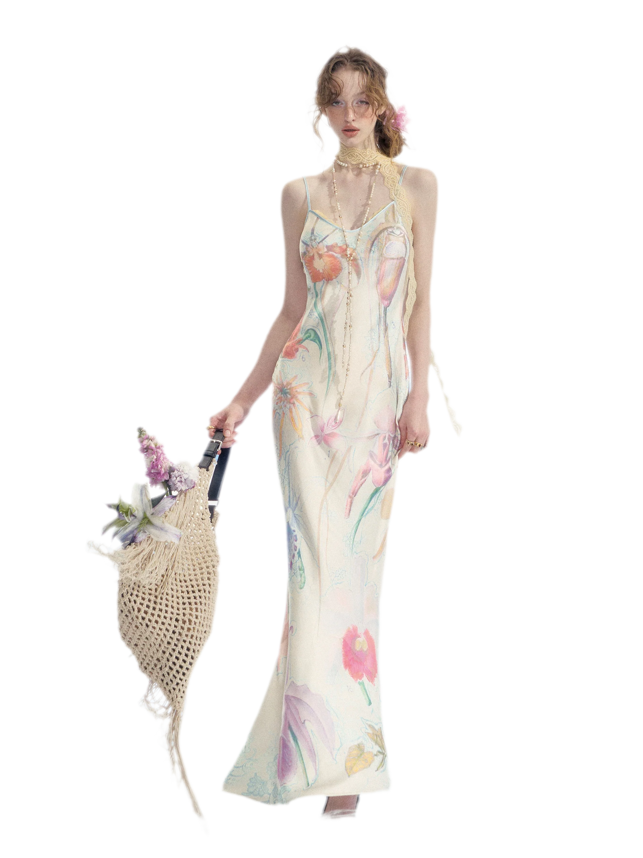 Botanical Print Bias-Cut Camisole Long Dress