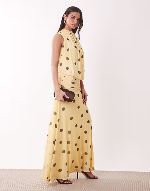 mesh blouson maxi dress with ruched dropped waist skirt in lemon polka dot print