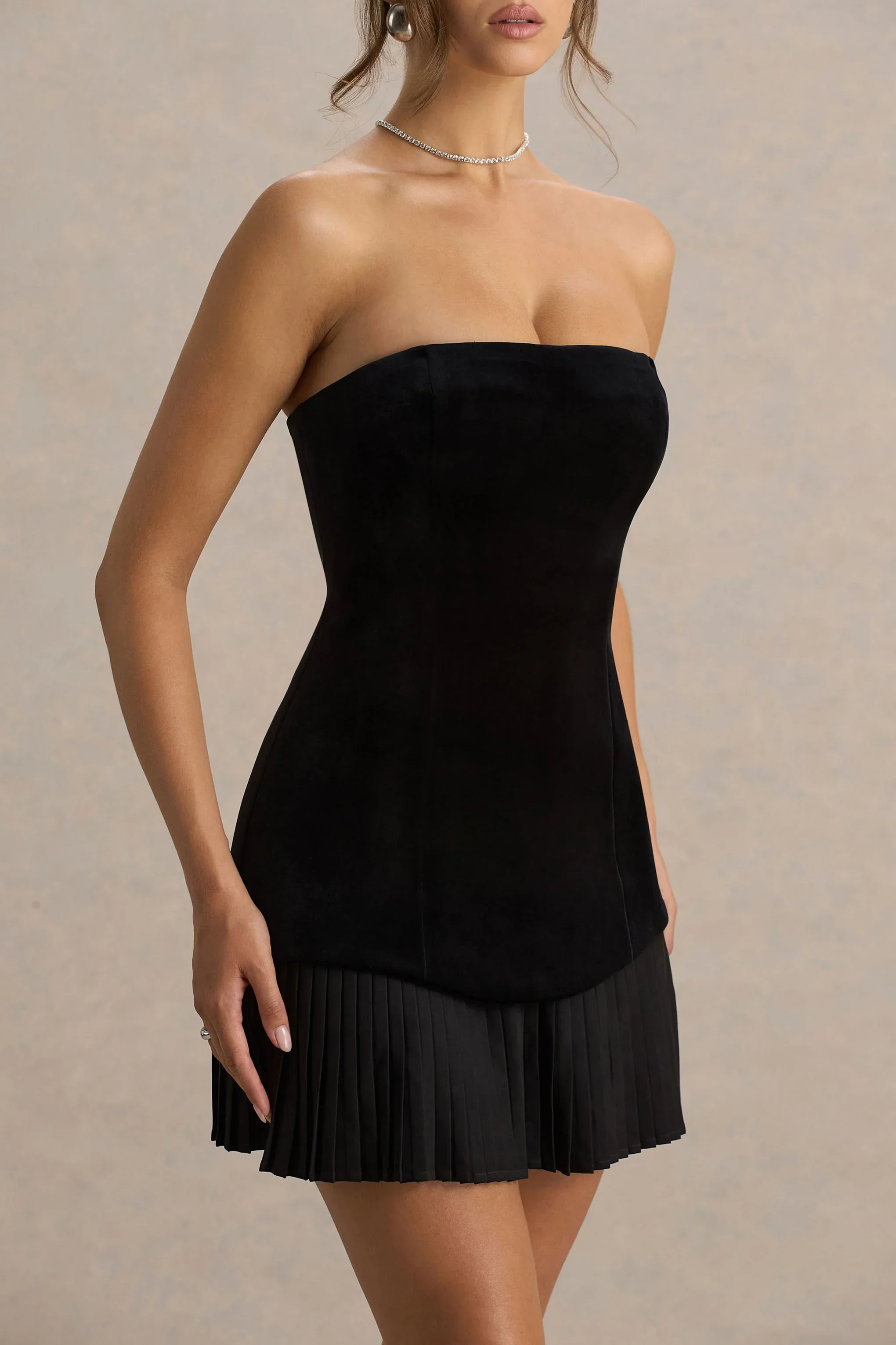 Valentina | Black Velvet Bandeau Mini Dress With Pleated Detailing