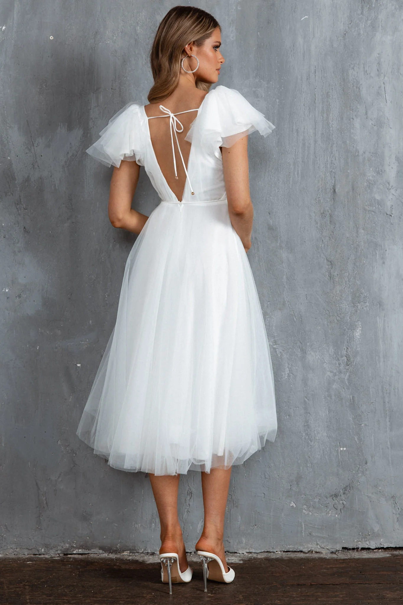 Leap Of Faith Frill Shoulder Tulle Midi Dress White