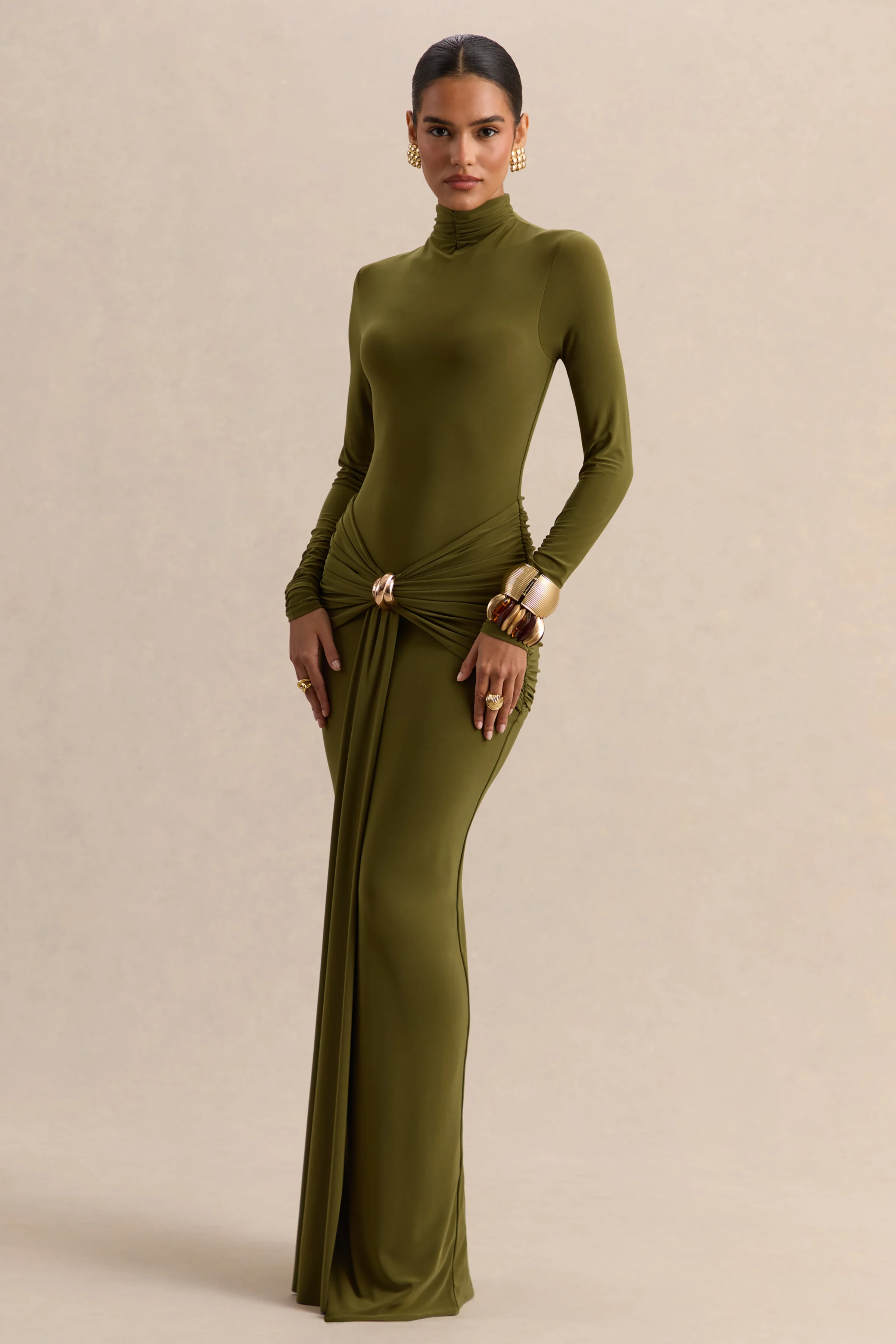 Ambrette | Olive High-Neck Maxi Dress With Gathered-Detailing