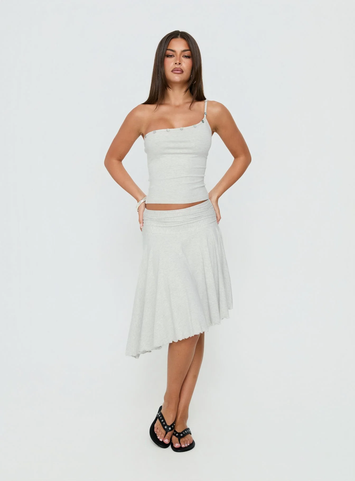 Mimmi One Shoulder Button Detail Top Grey