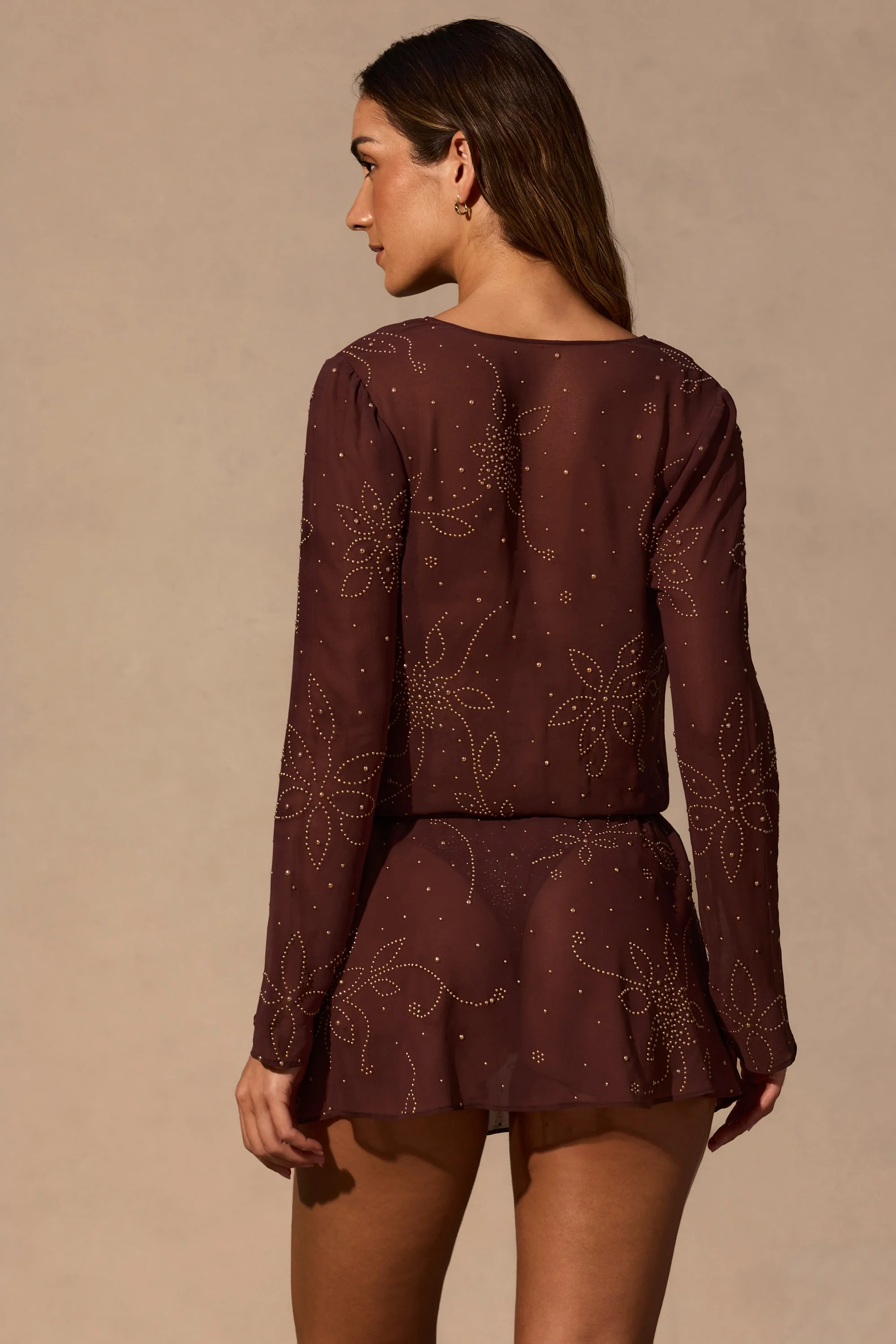 Long-Sleeve Mini Dress in Espresso Brown