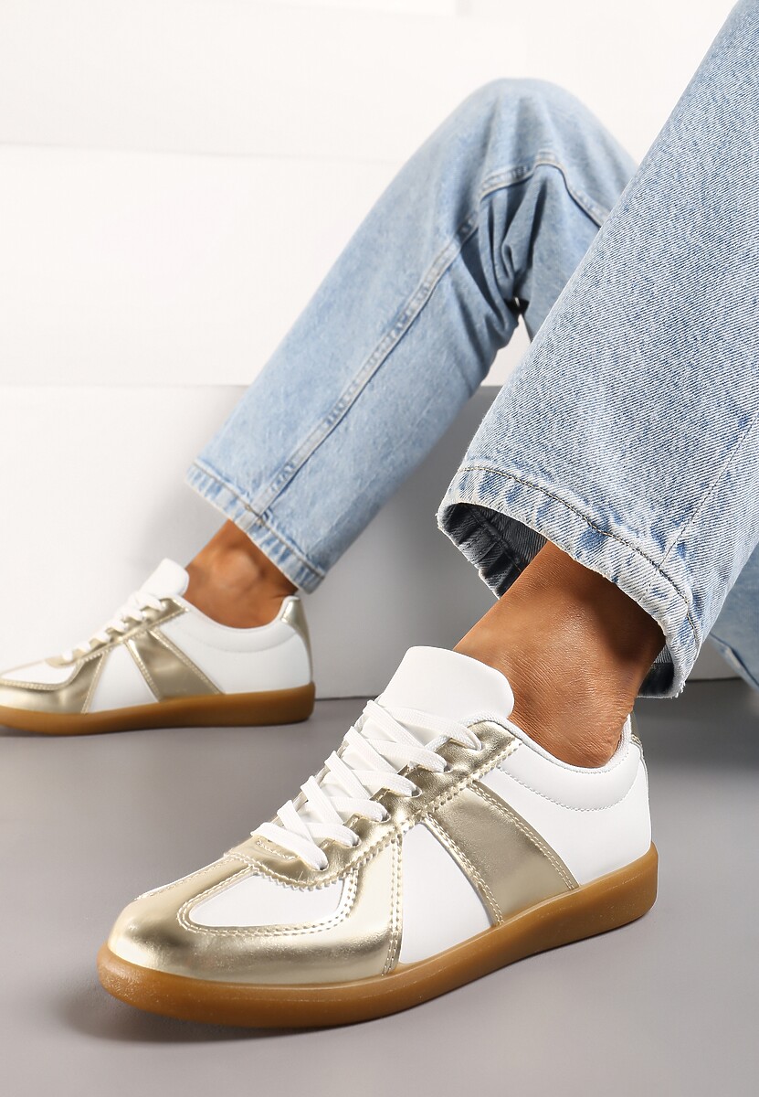 Złoto-Białe Sneakersy Tenisówki z Ozdobnymi Przeszyciami Sumina