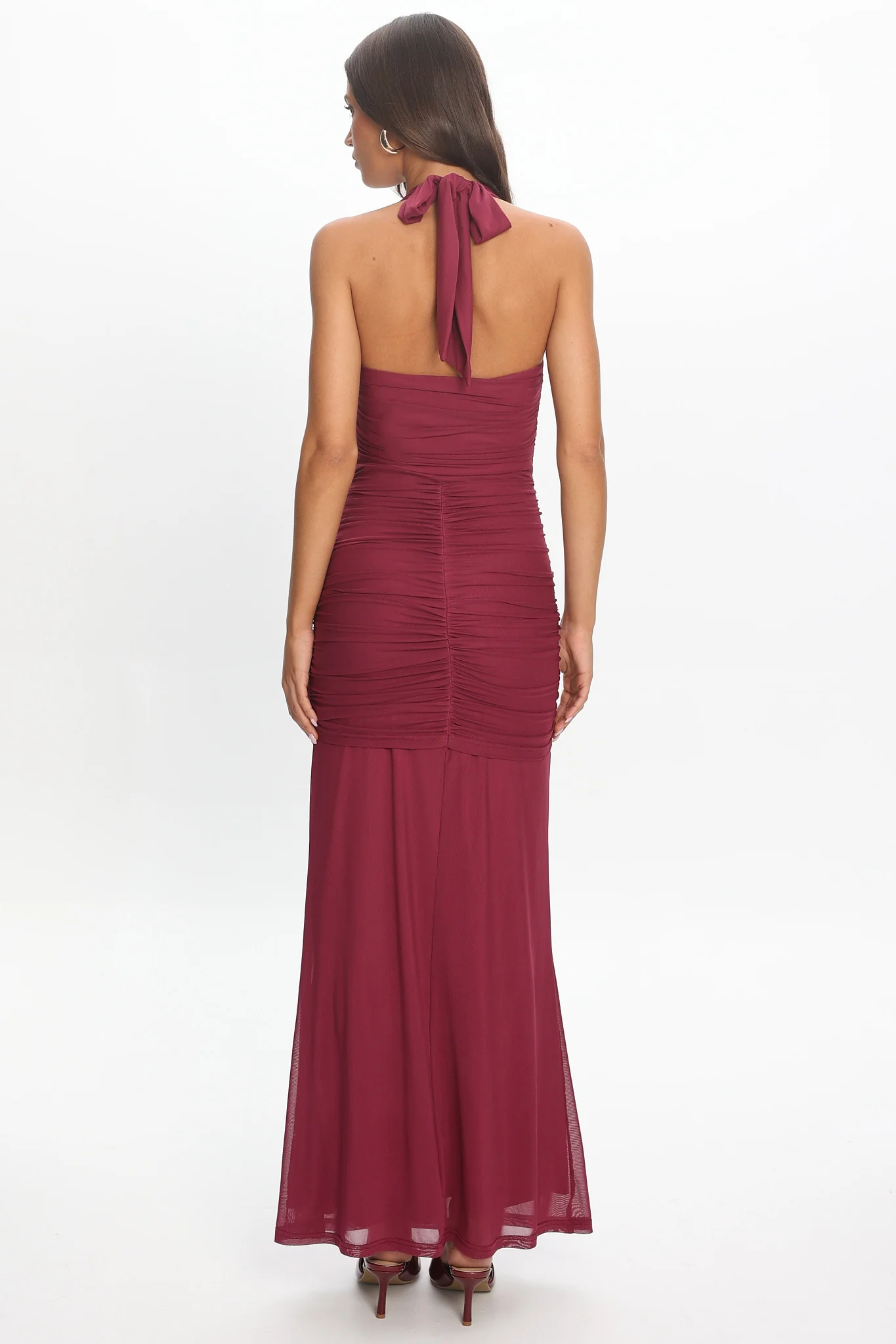 Luli Ruched Halterneck Maxi Dress Burgundy - luluinthesky