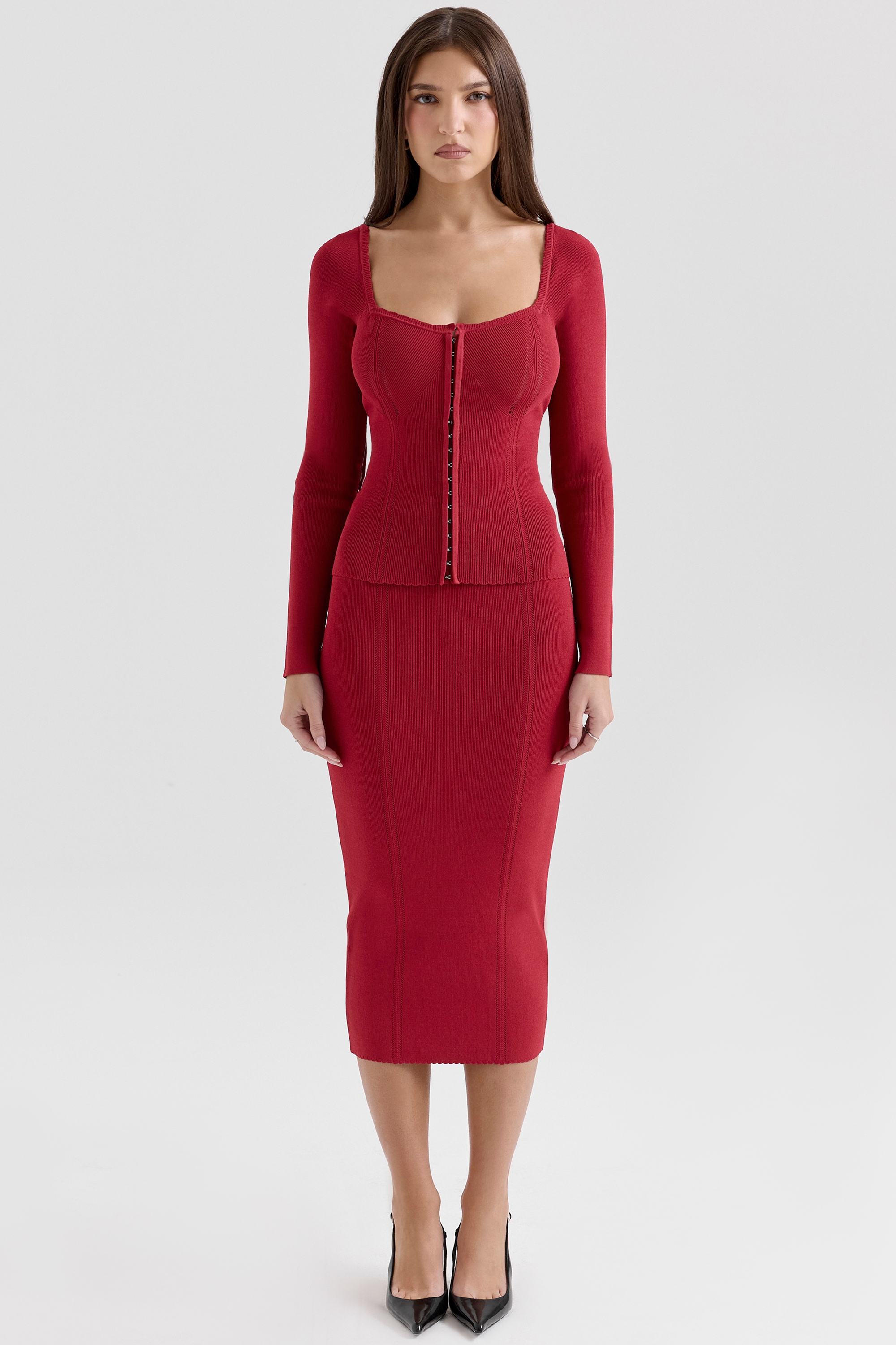 red bodycon midi skirt
