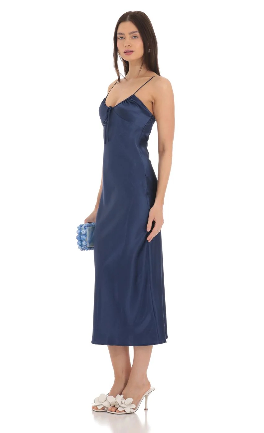 Satin Open Back Midi Dress in Navy - luluinthesky