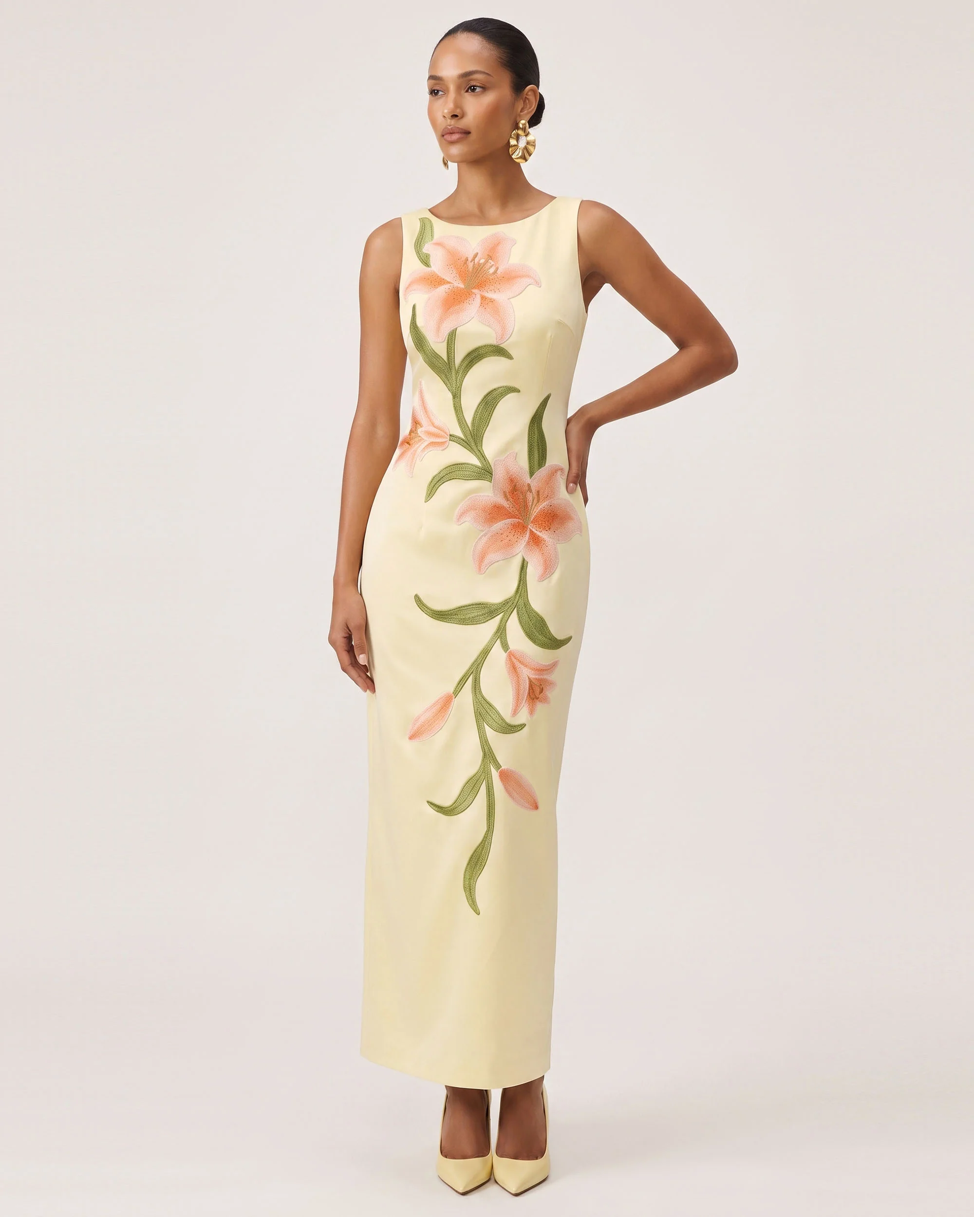 Lily Floral Print Sleeveless Column Maxi Dress - Light Yellow - FASHION NOB