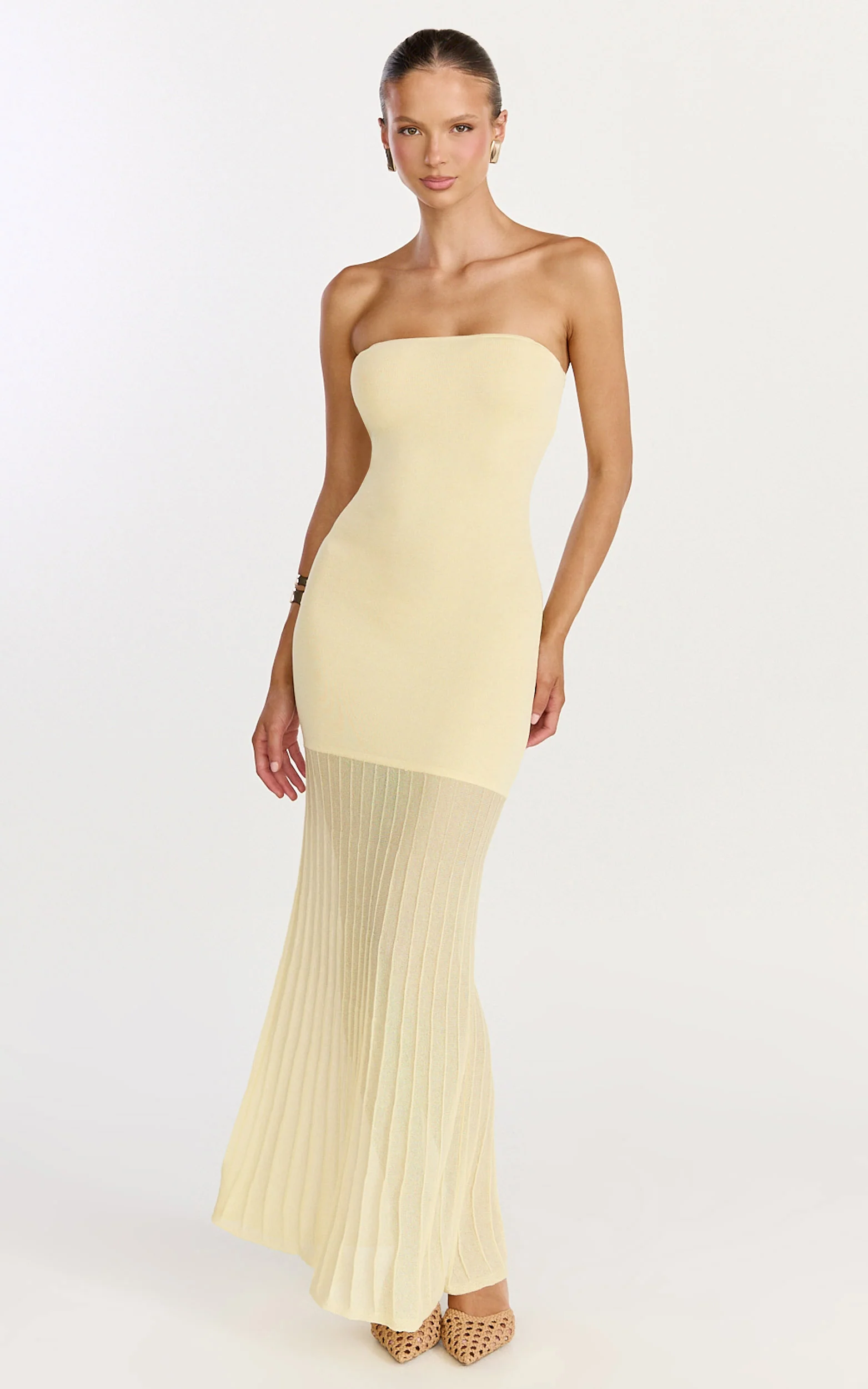 Lucy Maxi Dress - Strapless Pleated Skirt Knitted Dress in Lemon