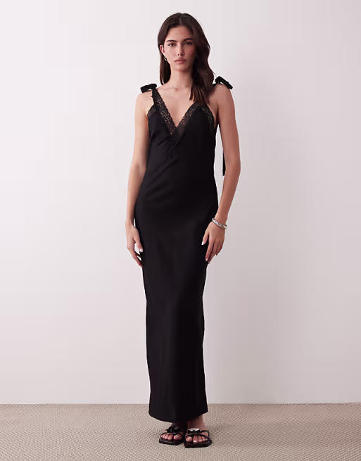slip maxi dress with lace trim and ties in black