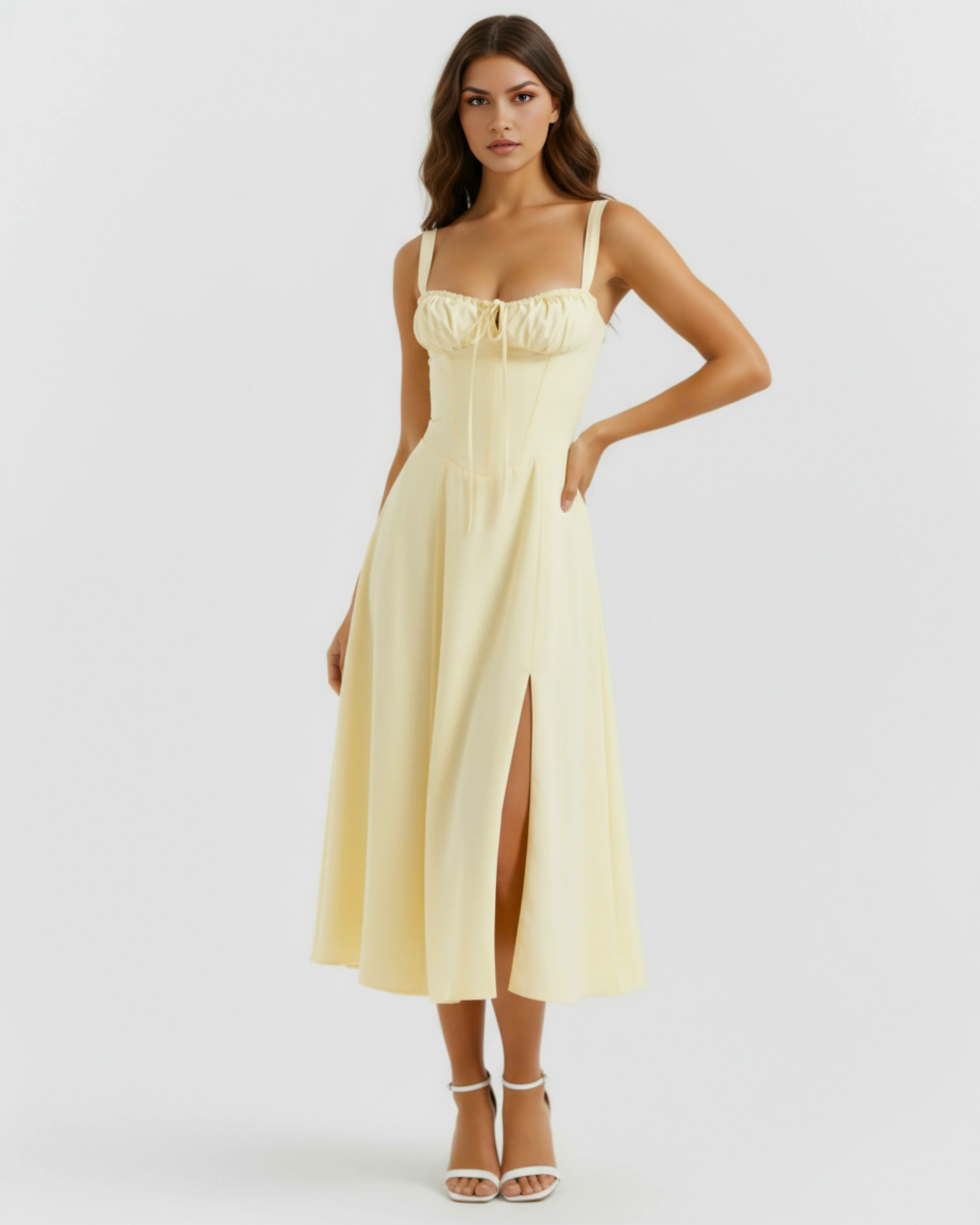 Light Yellow Cotton Midi Dress with Corset & Side Split
