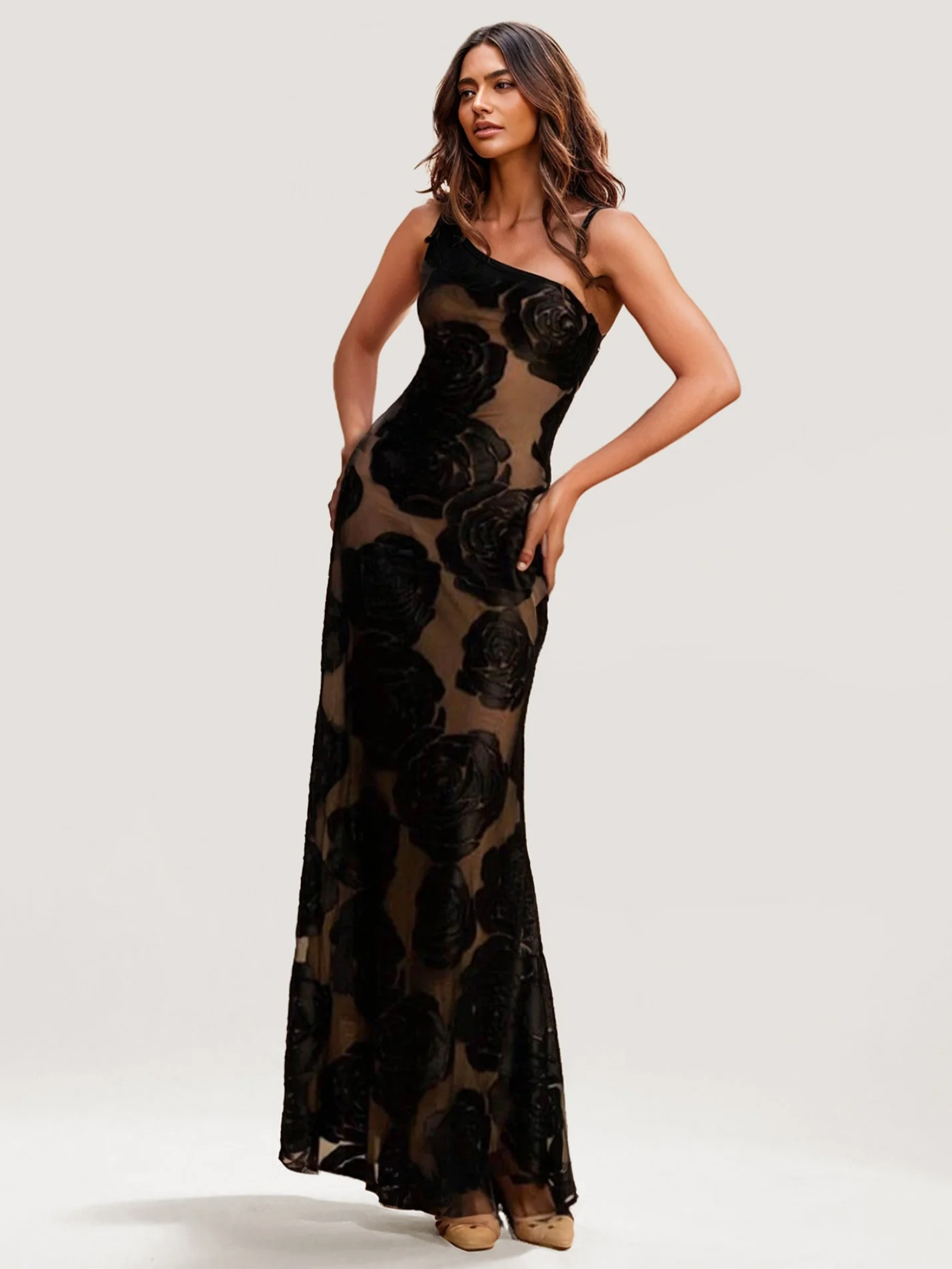 One-Shoulder Floral Embroidered Maxi Dress