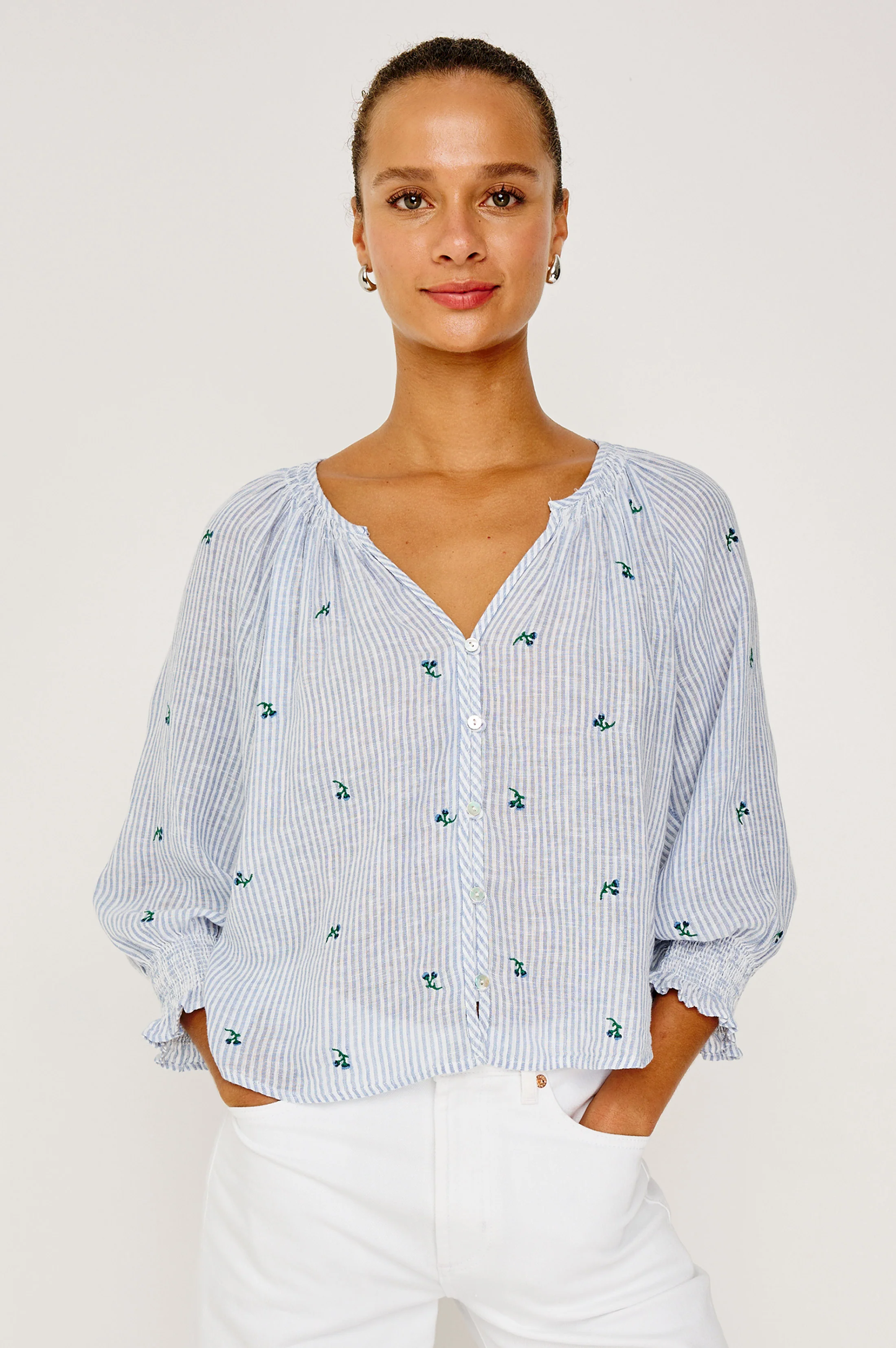 Mariah Top - Bluebell Embroidered Stripe