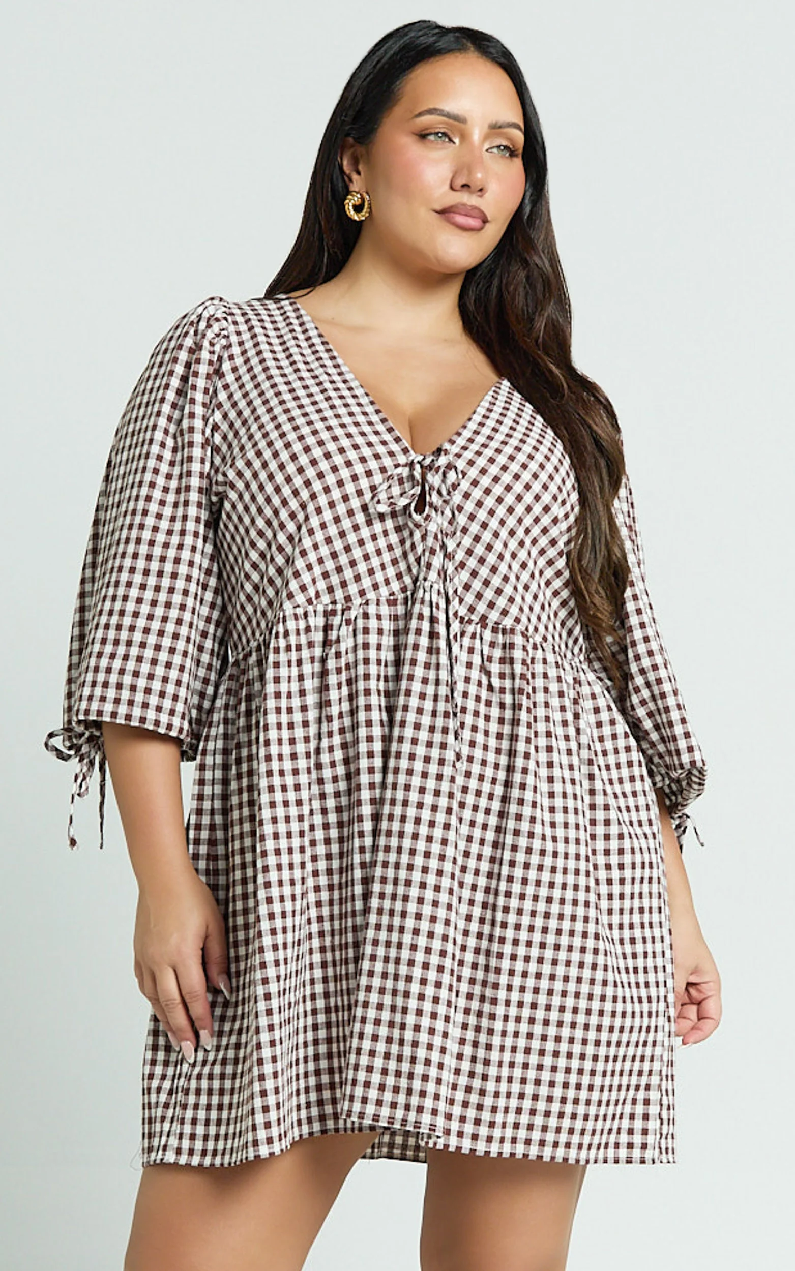 Rosita Mini Dress - Tie Front Puff Sleeve Dress in Brown and White Check
