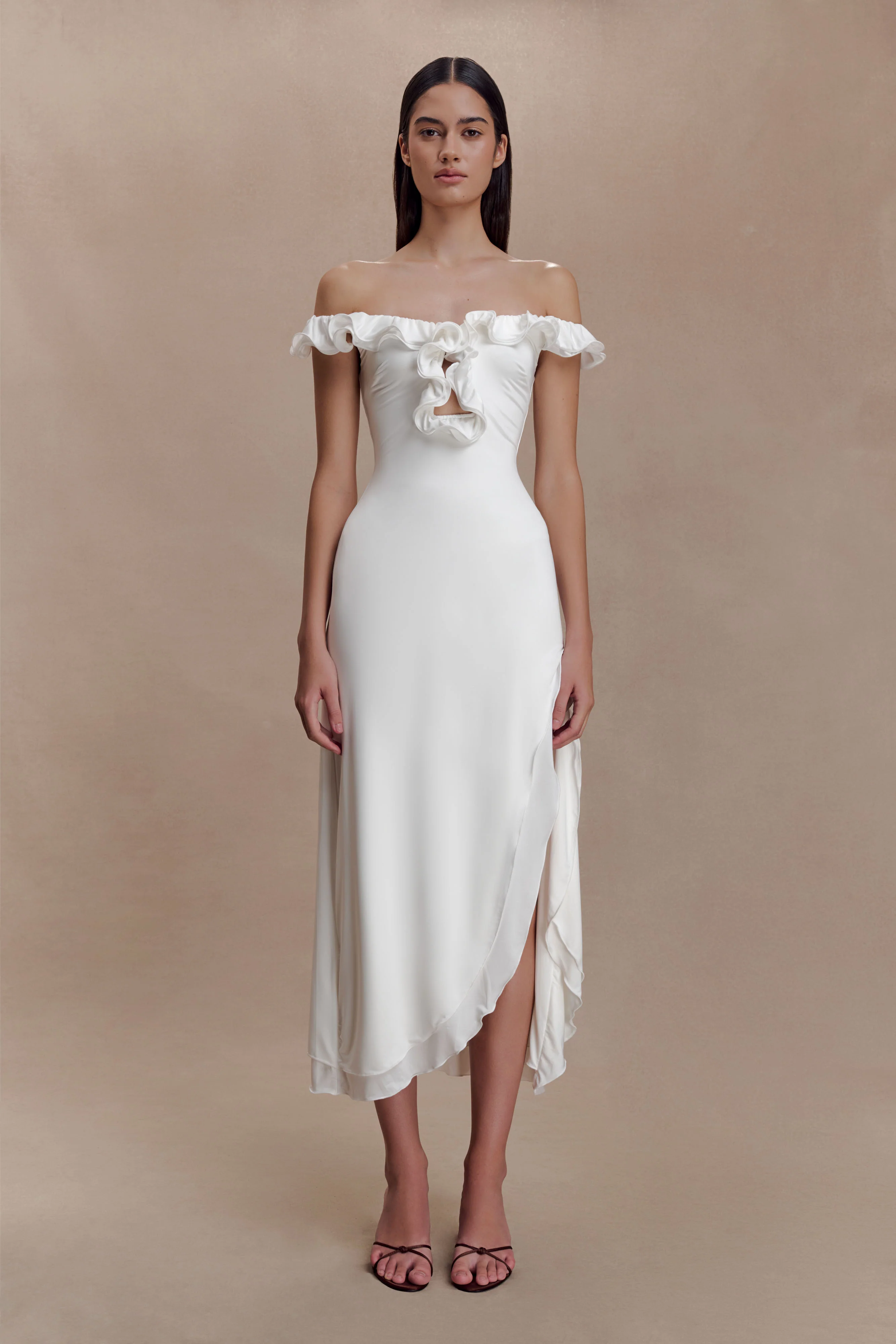 Allegra Off Shoulder Ruffle Midi Dress - Ivory