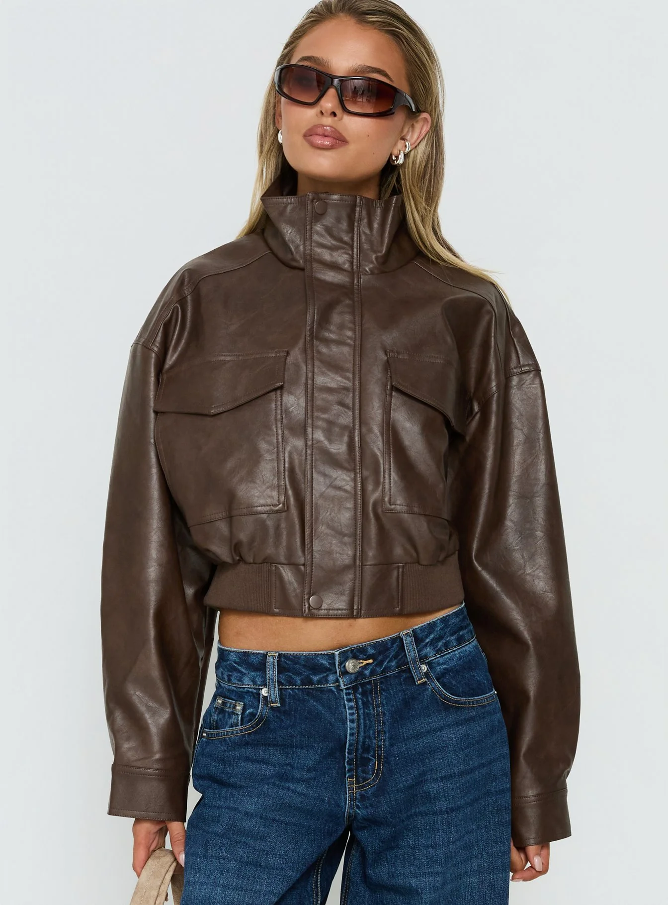 Ace Player Funnel Neck Faux Leather Jacket Brown Petite
