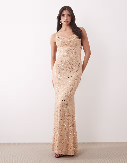 Oh Polly premium embellished open-back floral detailing maxi dress in almond