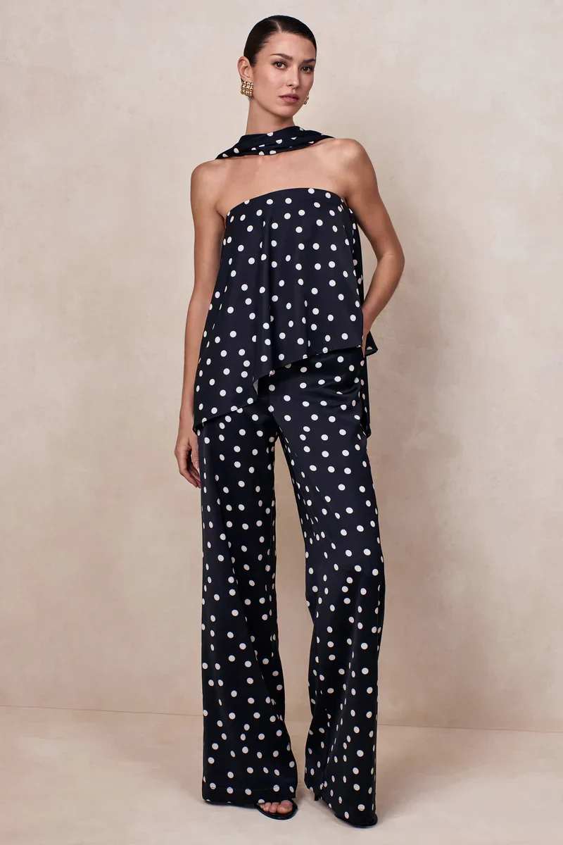 Seloria | Black & White Satin Polka Dot Wide-Leg Trouser