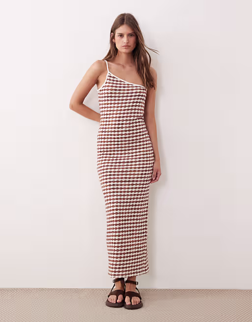crochet jersey one shoulder maxi dress in brown and white plaid