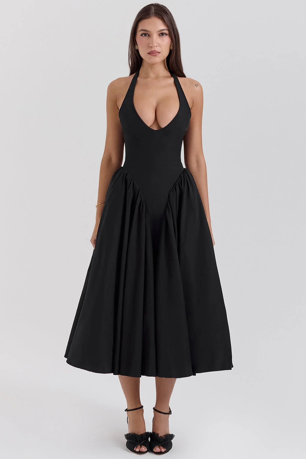 black twill halter midi dress