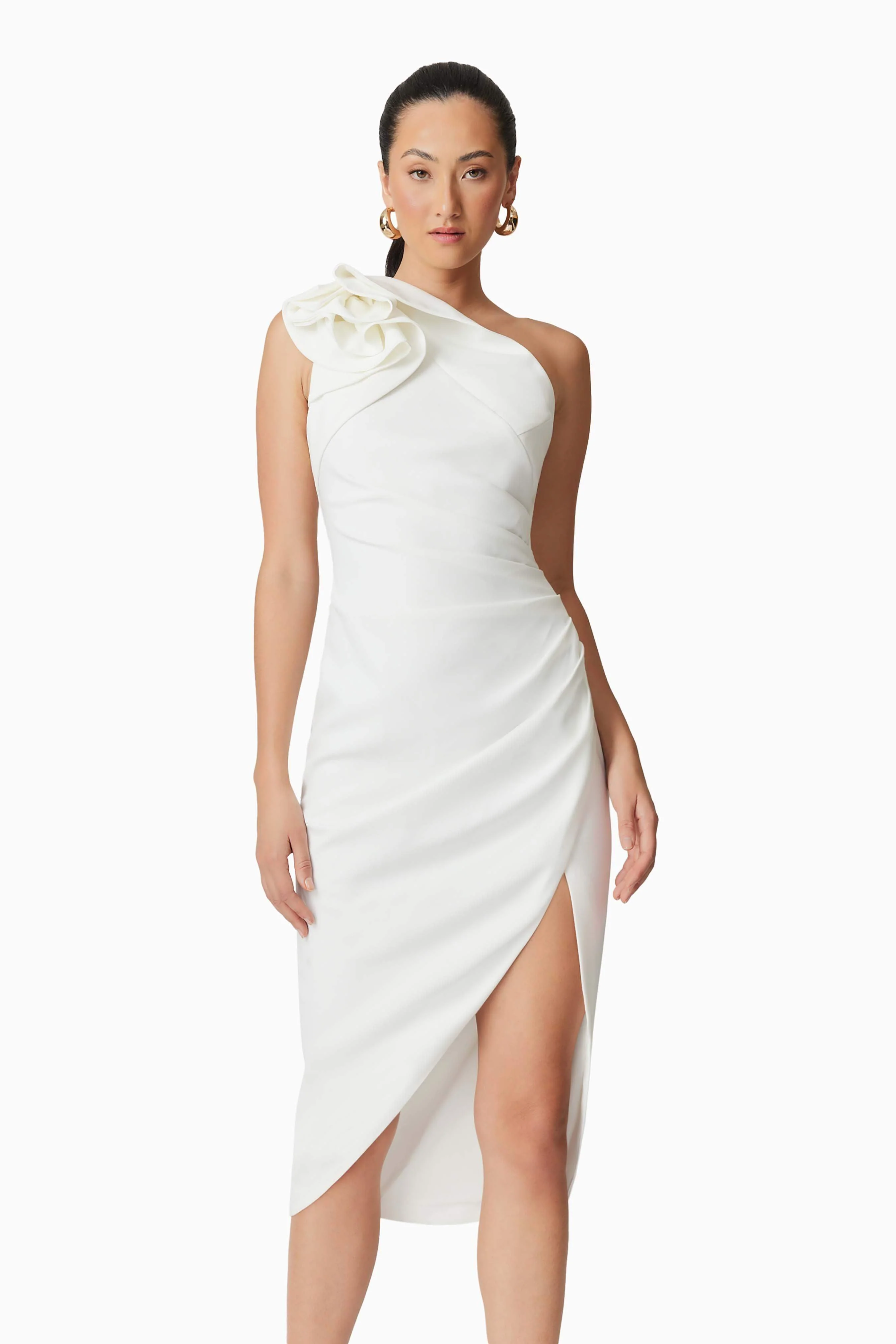 Hazelle One Shoulder Midi Dress in White