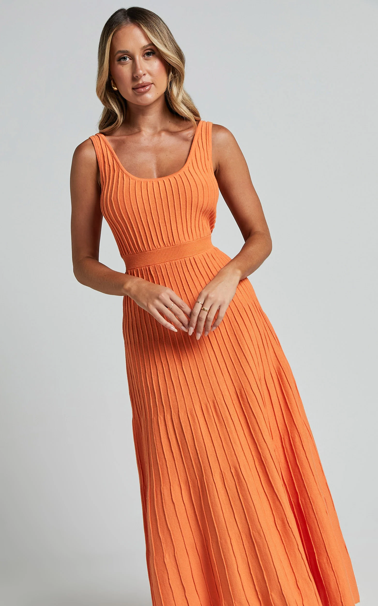 Saoirse Midi Dress - Square Neck Strappy Knit Dress in Mango