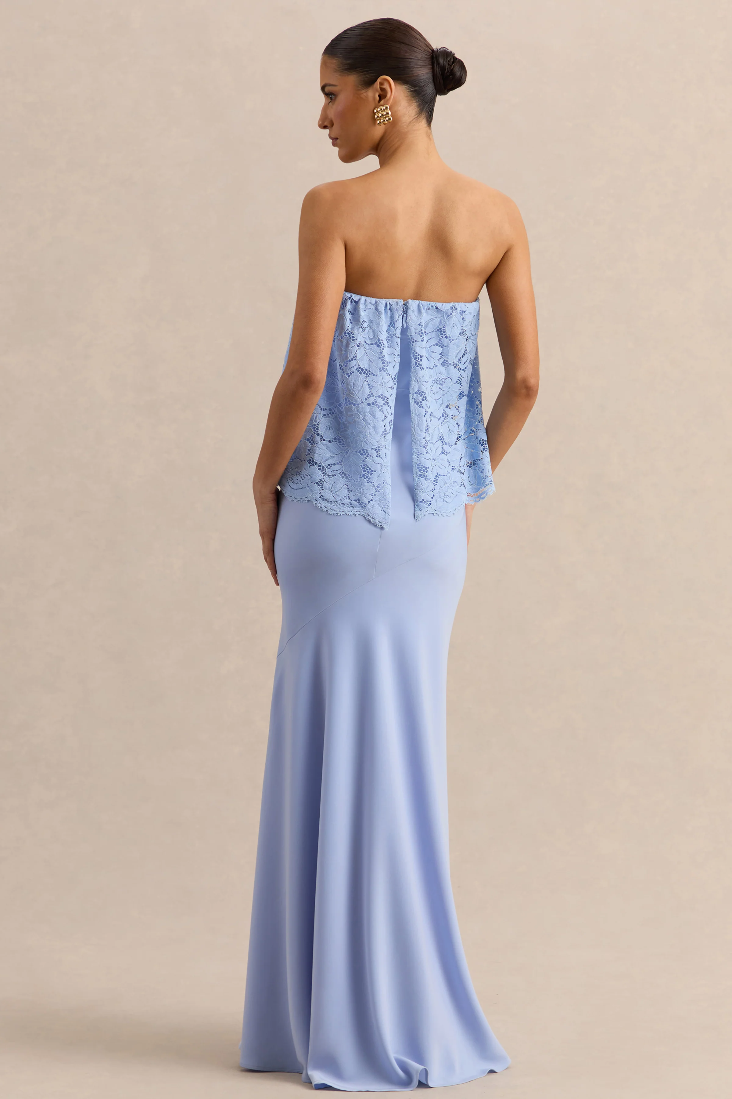 Clemency | Powder Blue Lace And Matte Satin Bandeau Maxi Dress